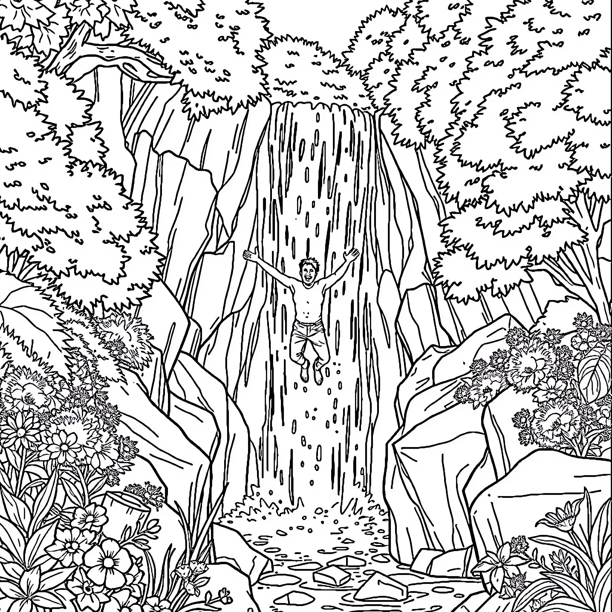 Man bathing under a waterfall in the forest Coloring Page (free black-and-white line drawing printable PDF for all, from beginners to advanced learners, including children, teens, adults, and seniors)