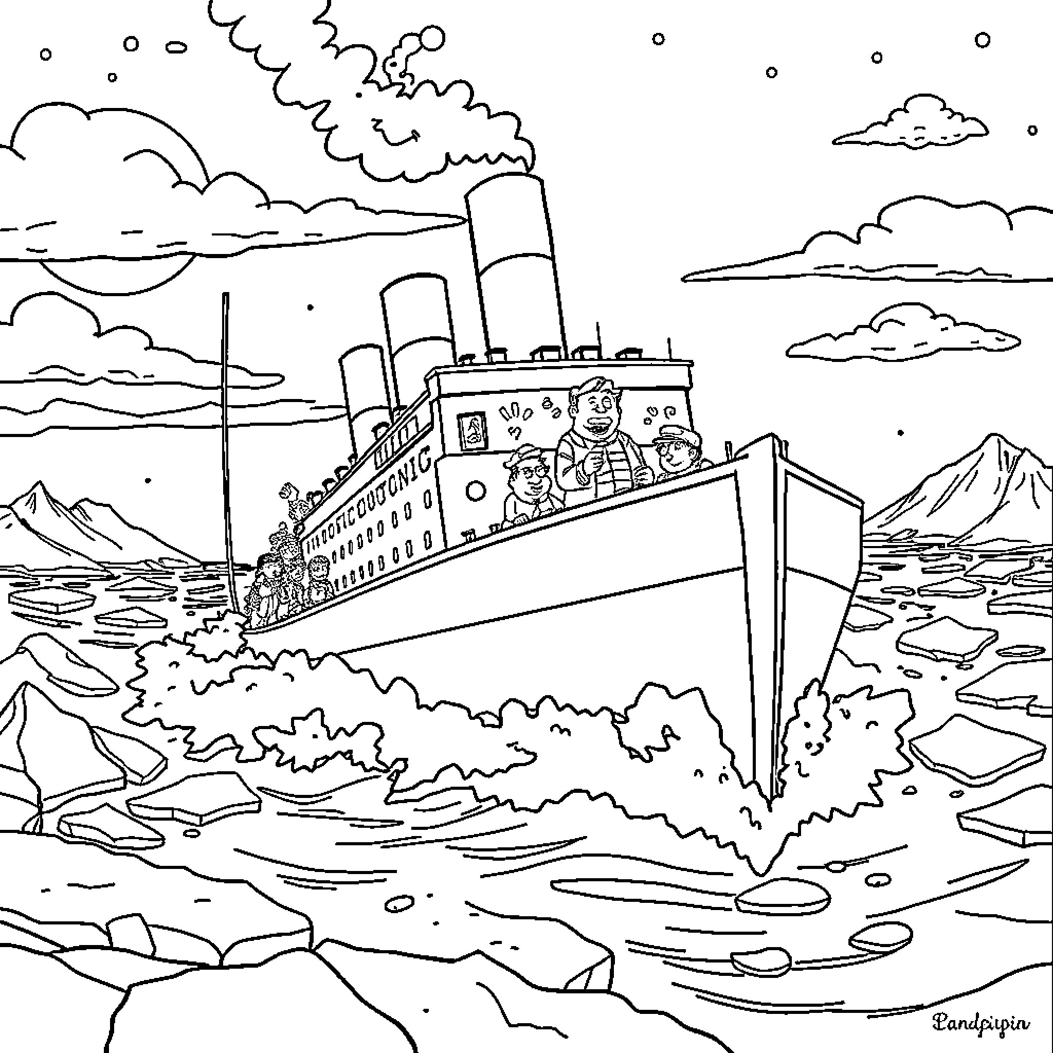Titanic Sinking Amidst Icy Seas and Snowy Cliffs Coloring Page (free black-and-white line drawing printable PDF for all, from beginners to advanced learners, including children, teens, adults, and seniors)