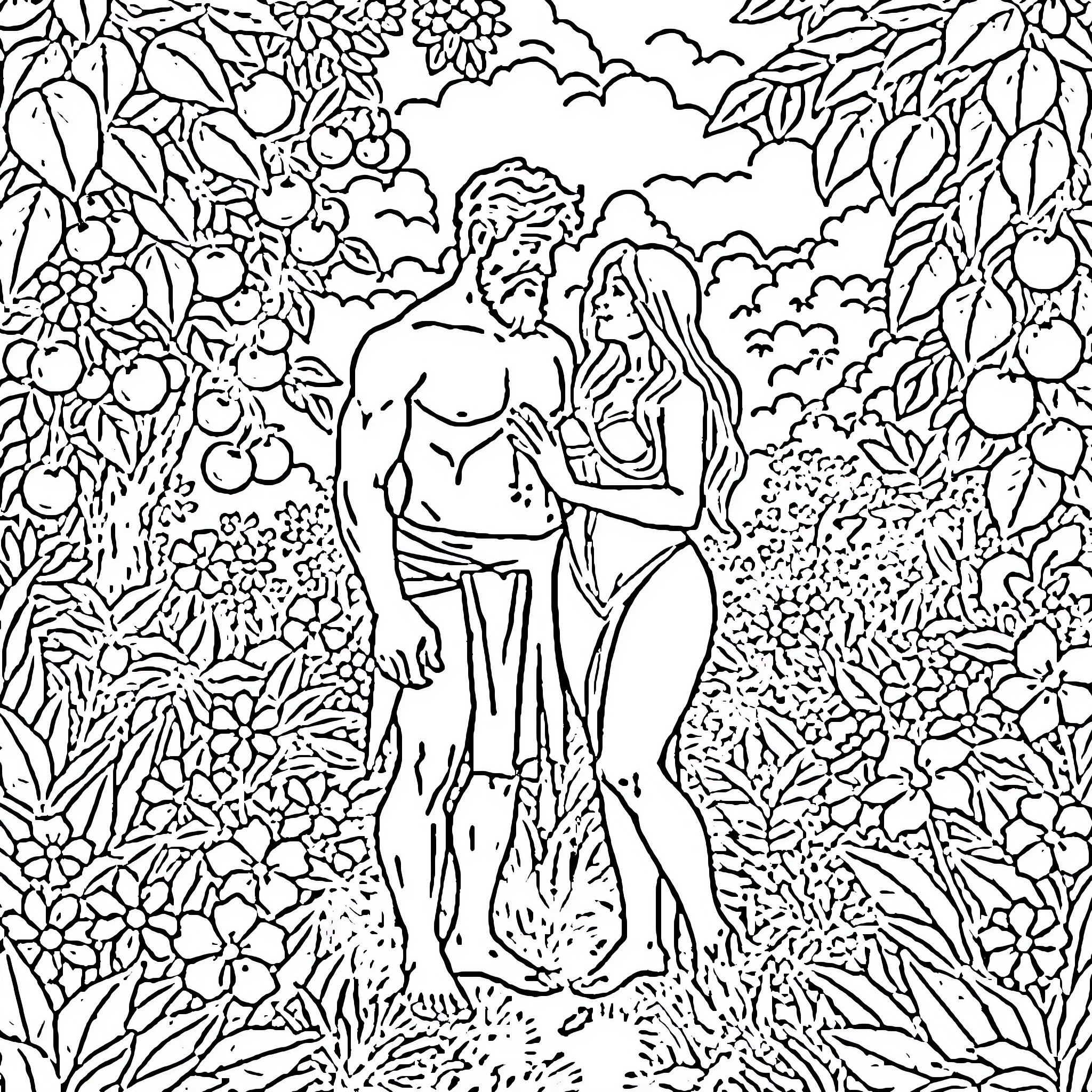 Adam and Eve in the Garden of Eden Coloring Page (free black-and-white line drawing printable PDF for all, from beginners to advanced learners, including children, teens, adults, and seniors)