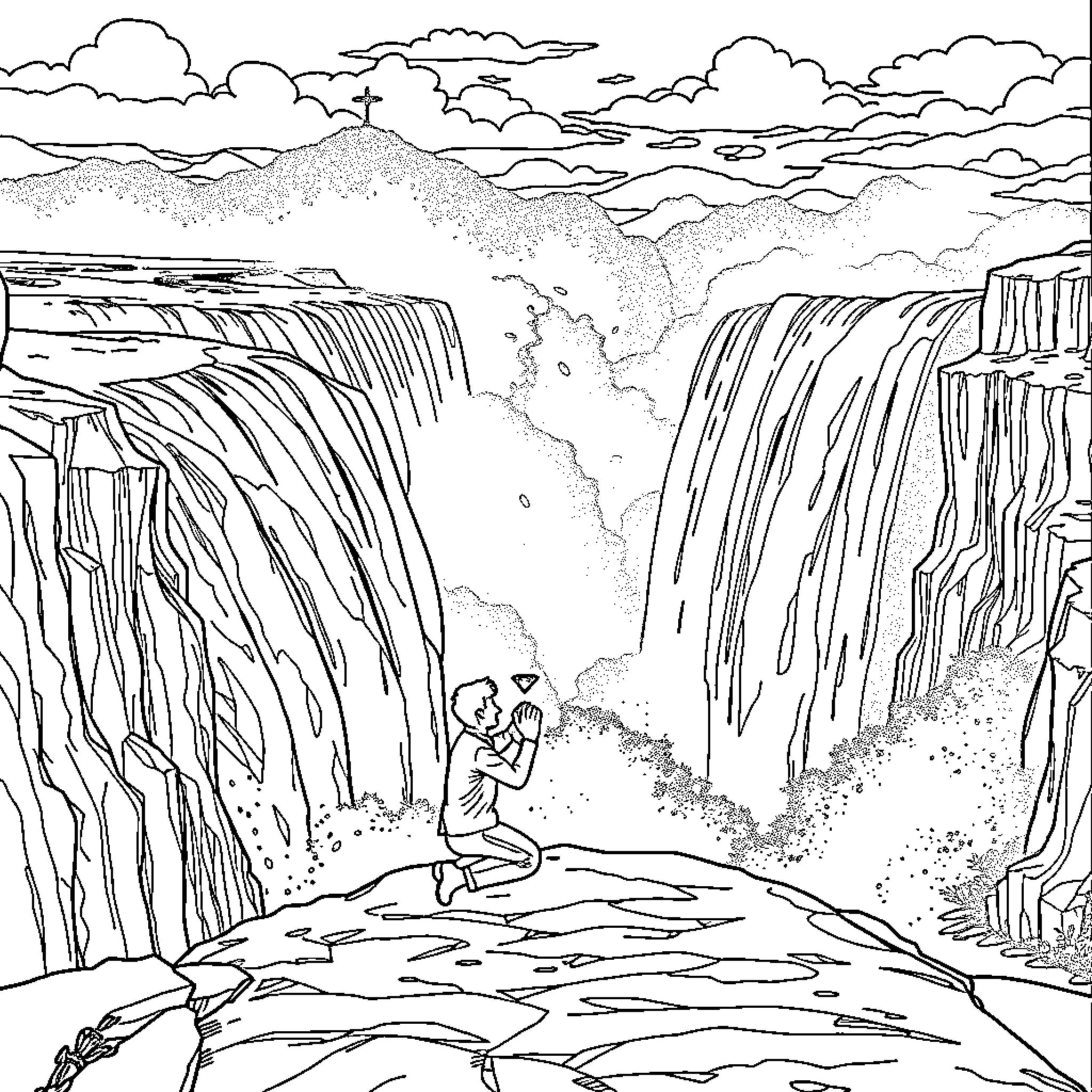 Man contemplating the grandeur of nature at a waterfall Coloring Page (free black-and-white line drawing printable PDF for all, from beginners to advanced learners, including children, teens, adults, and seniors)