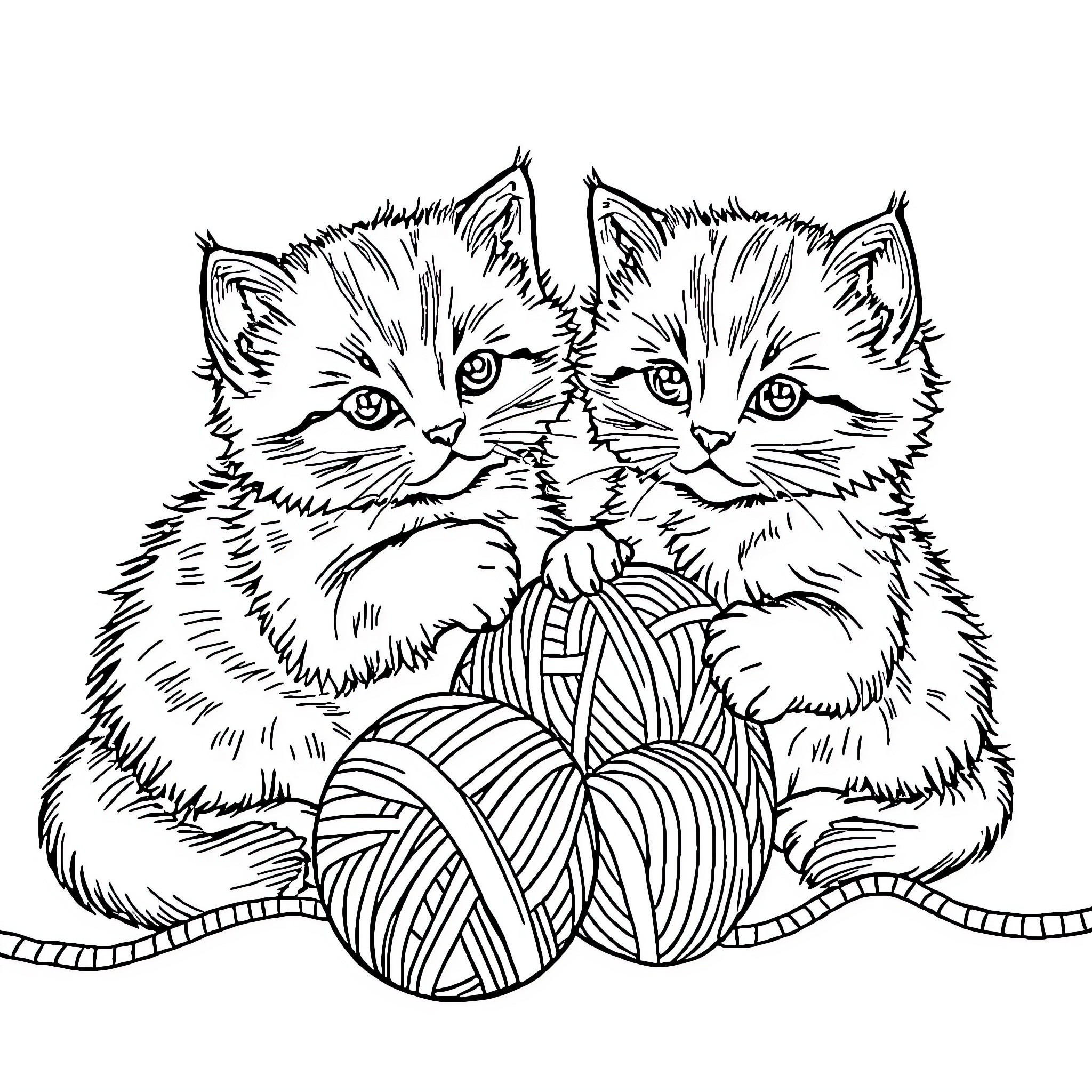 Kittens playing with yarn balls Coloring Page (free black-and-white line drawing printable PDF for all, from beginners to advanced learners, including children, teens, adults, and seniors)
