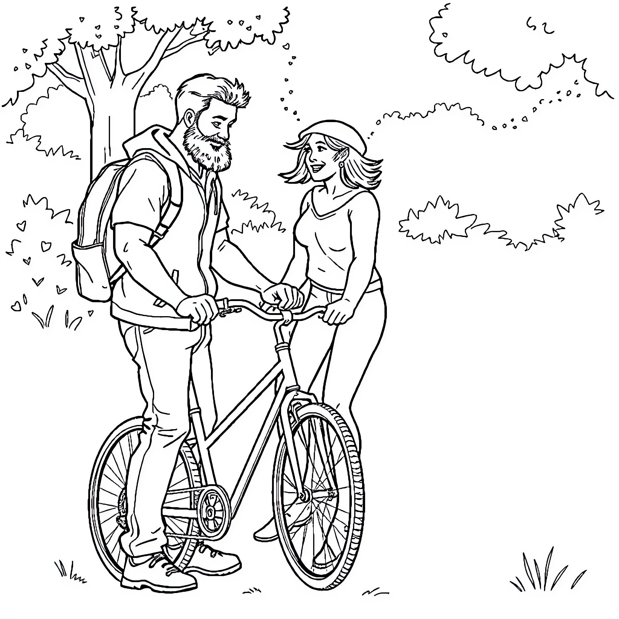 Man and Woman Riding Bicycle in Park Coloring Page (free black-and-white line drawing printable PDF for all, from beginners to advanced learners, including children, teens, adults, and seniors)