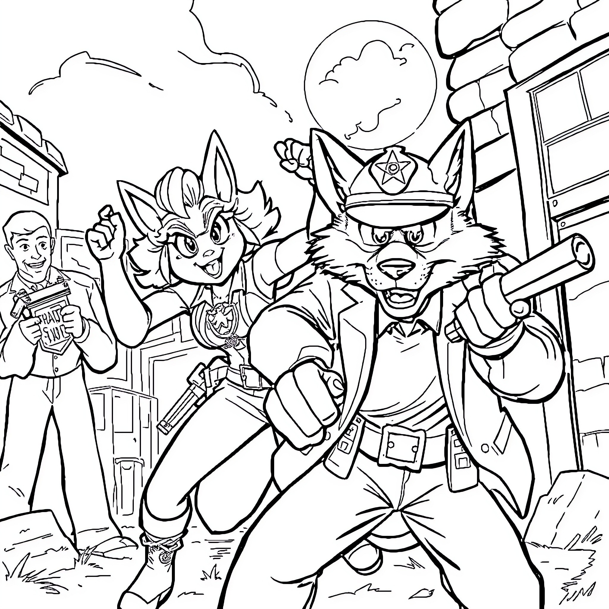 Chief Law Enforcement Officers Apprehending Criminal in Pursuit Coloring Page (free black-and-white line drawing printable PDF for all, from beginners to advanced learners, including children, teens, adults, and seniors)