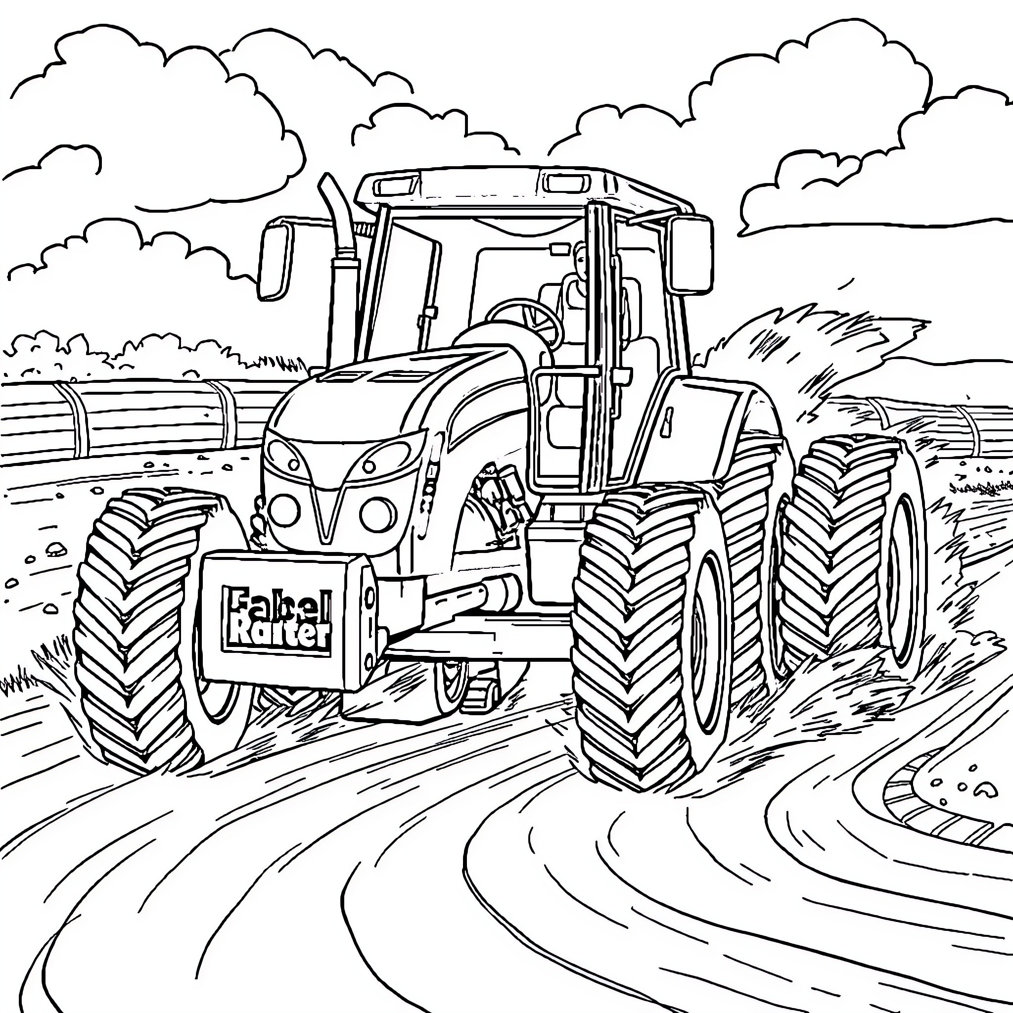 Tractor plowing through the fields Coloring Page (free black-and-white line drawing printable PDF for all, from beginners to advanced learners, including children, teens, adults, and seniors)
