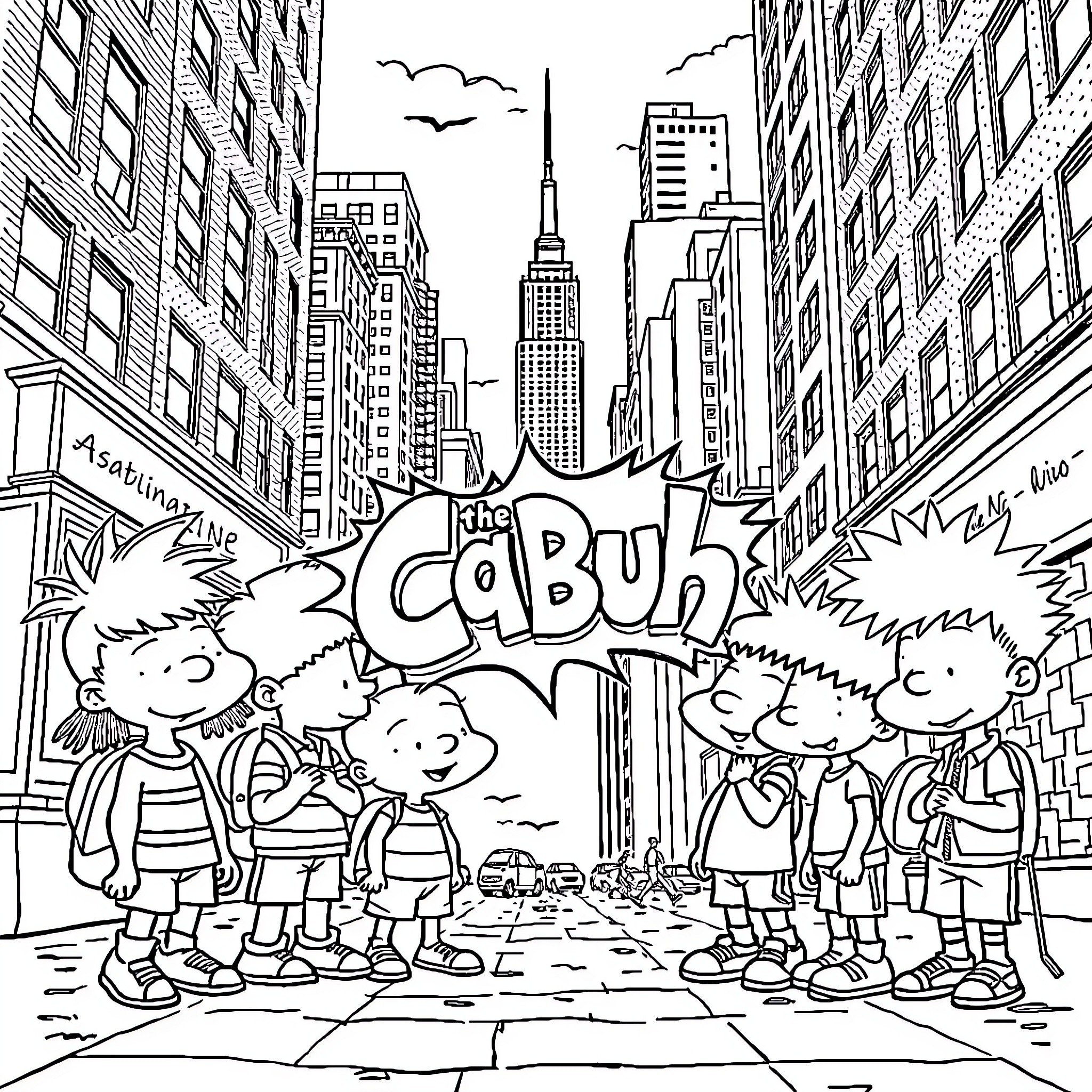 Rugrats Exploring the Bustling City Skyline Coloring Page (free black-and-white line drawing printable PDF for all, from beginners to advanced learners, including children, teens, adults, and seniors)