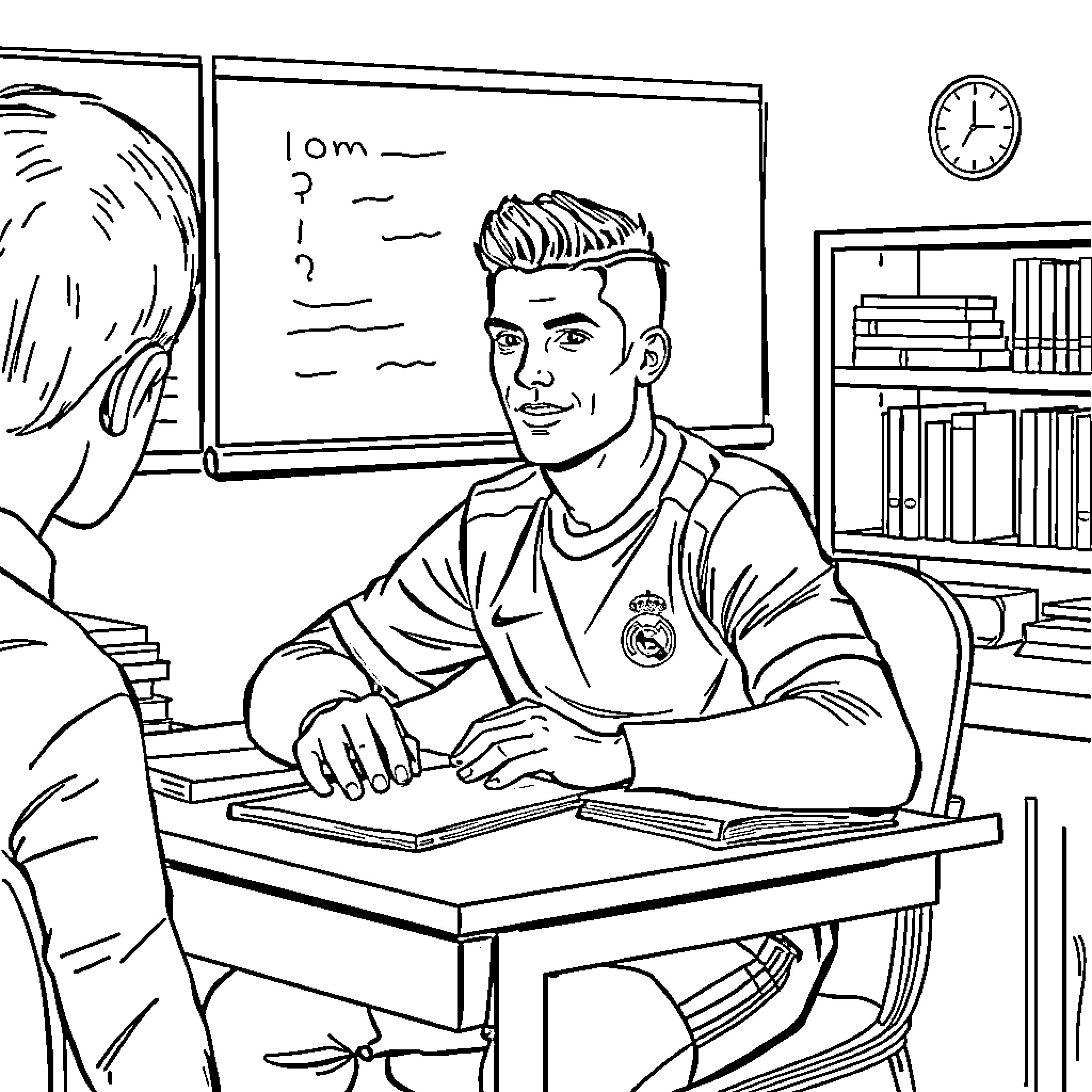 Ronaldo studying diligently in the classroom Coloring Page (free black-and-white line drawing printable PDF for all, from beginners to advanced learners, including children, teens, adults, and seniors)