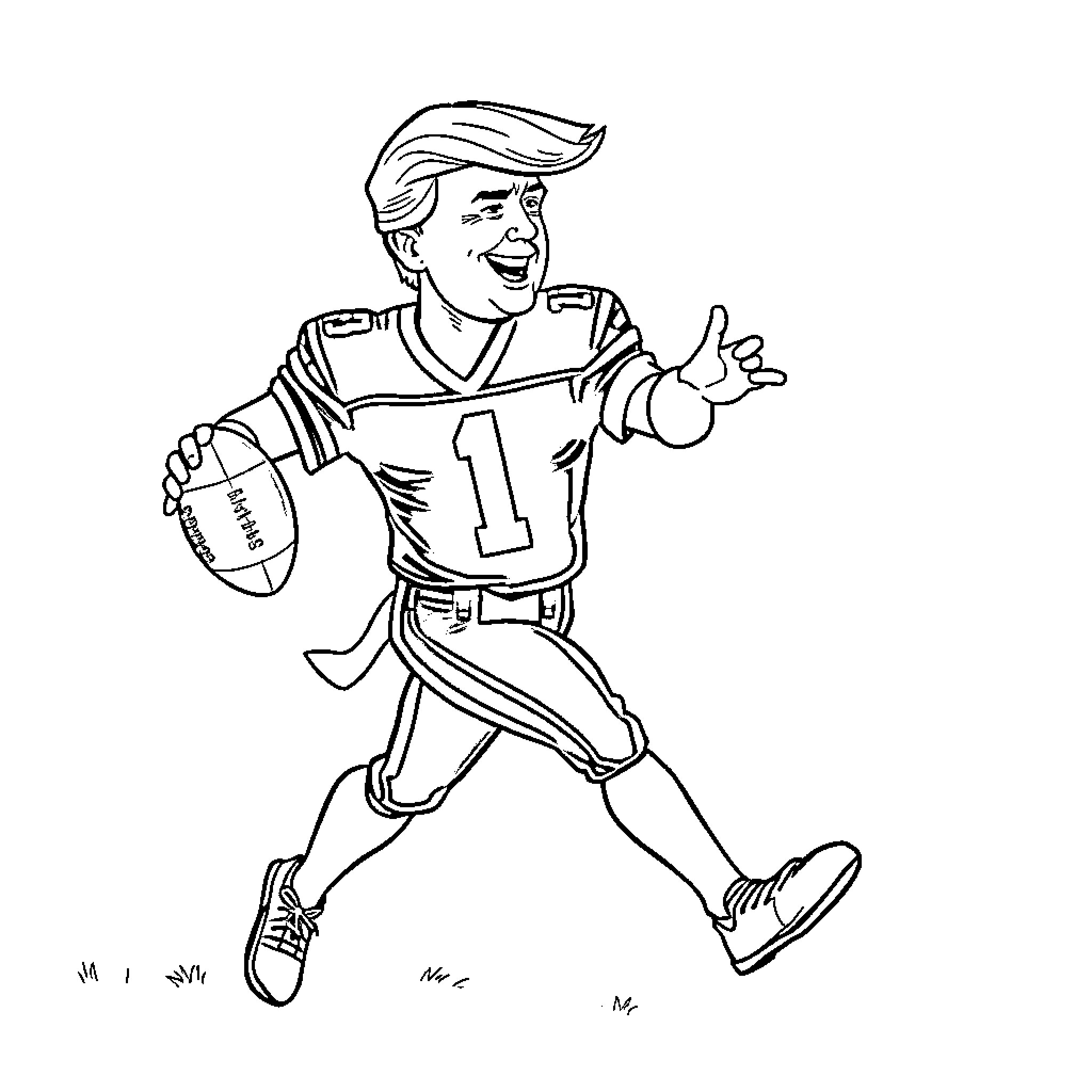 Donald Trump playing with football in sportswear Coloring Page (free black-and-white line drawing printable PDF for all, from beginners to advanced learners, including children, teens, adults, and seniors)