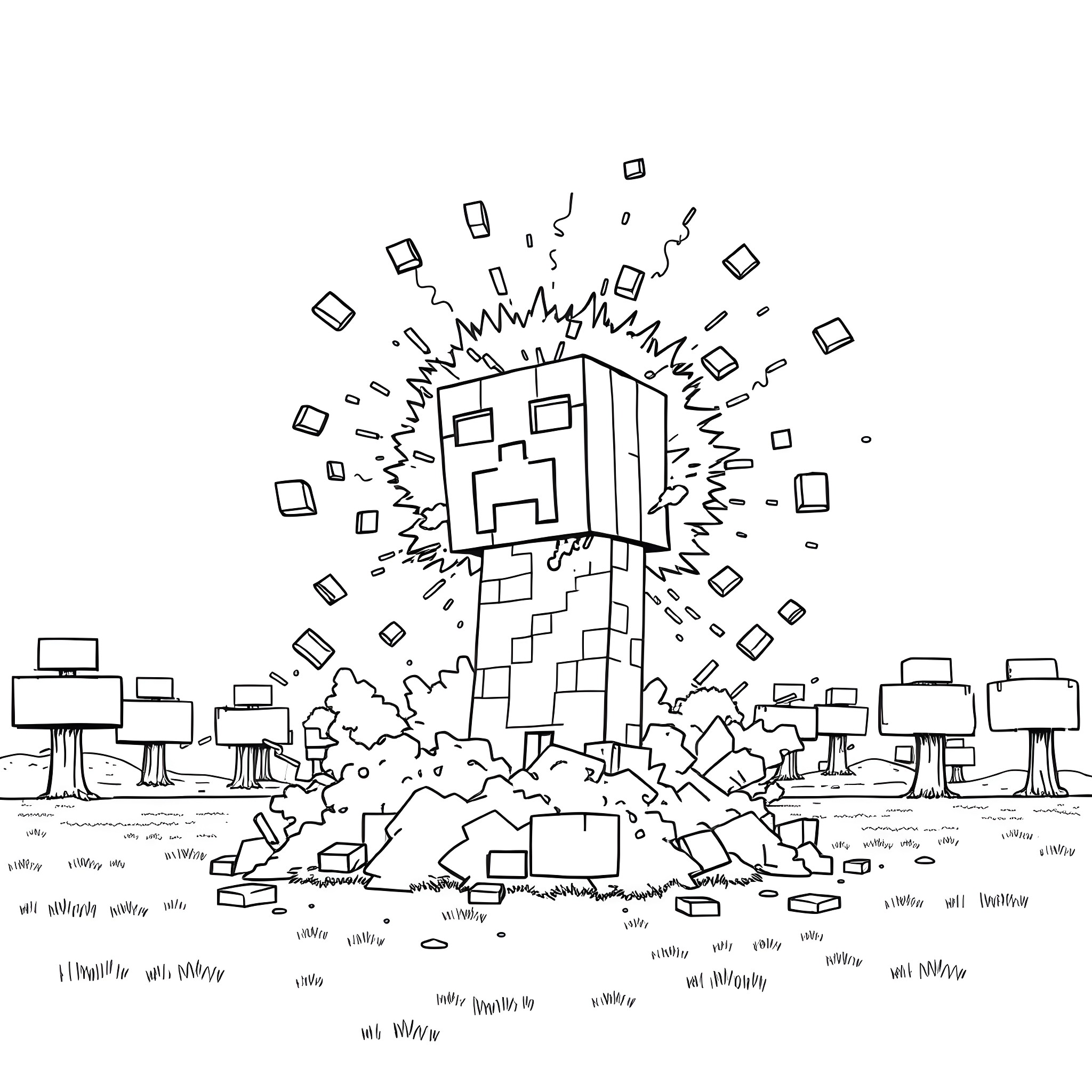 Creeper explosion in a blocky landscape Coloring Page (free black-and-white line drawing printable PDF for all, from beginners to advanced learners, including children, teens, adults, and seniors)