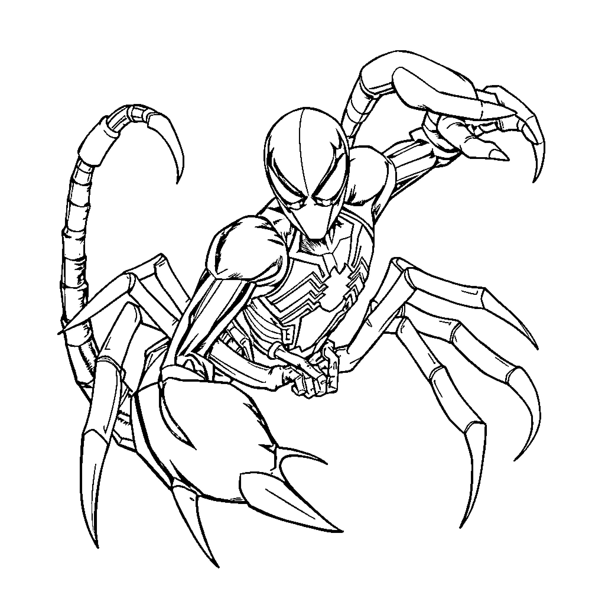 Scorpion-like superhero in action pose Coloring Page (free black-and-white line drawing printable PDF for all, from beginners to advanced learners, including children, teens, adults, and seniors)