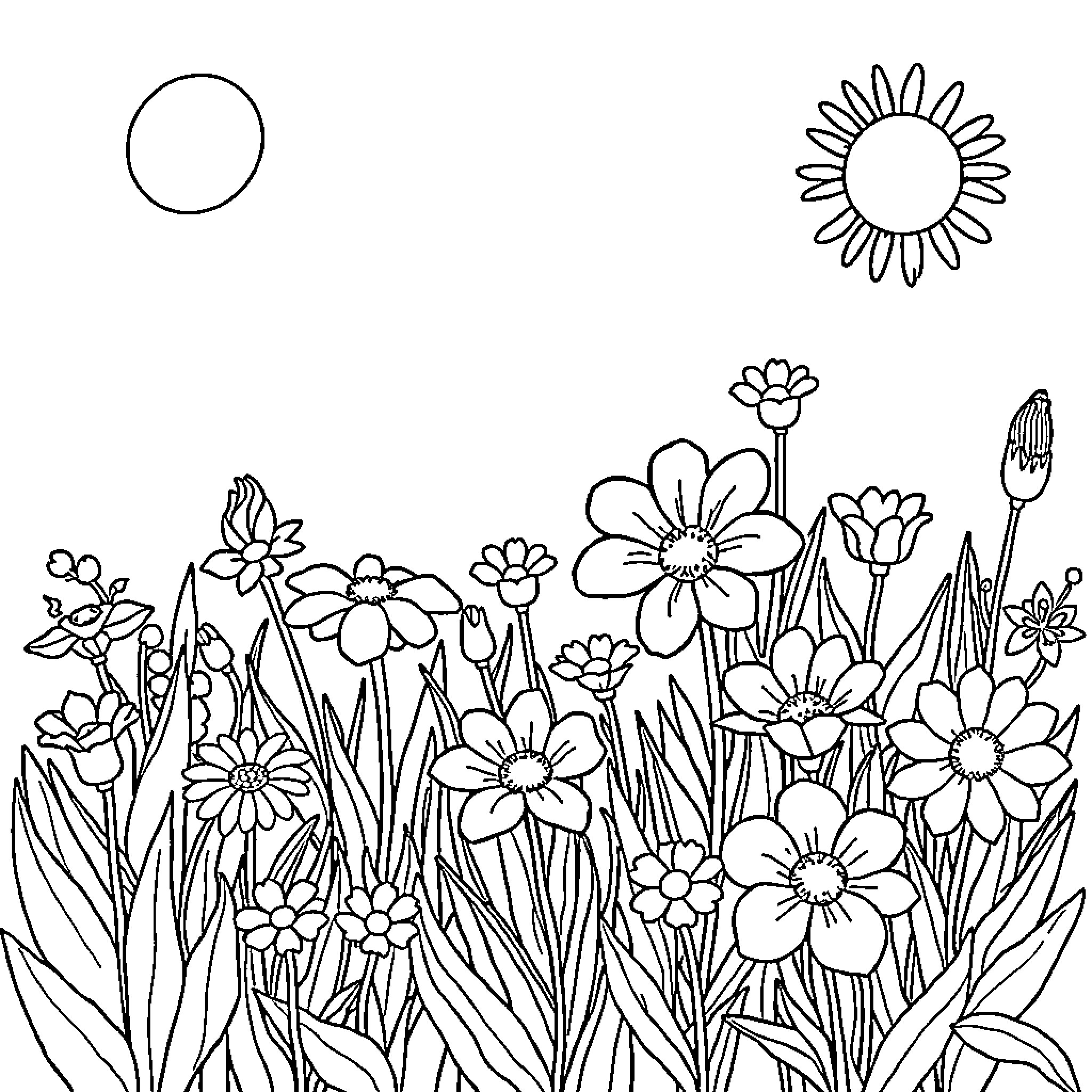 Flower garden with blooming floral motifs Coloring Page (free black-and-white line drawing printable PDF for all, from beginners to advanced learners, including children, teens, adults, and seniors)