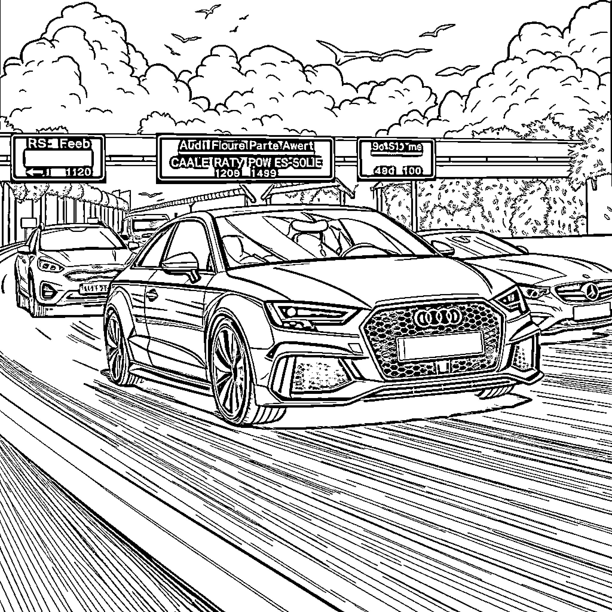Audi luxury cars in automotive showroom Coloring Page (free black-and-white line drawing printable PDF for all, from beginners to advanced learners, including children, teens, adults, and seniors)