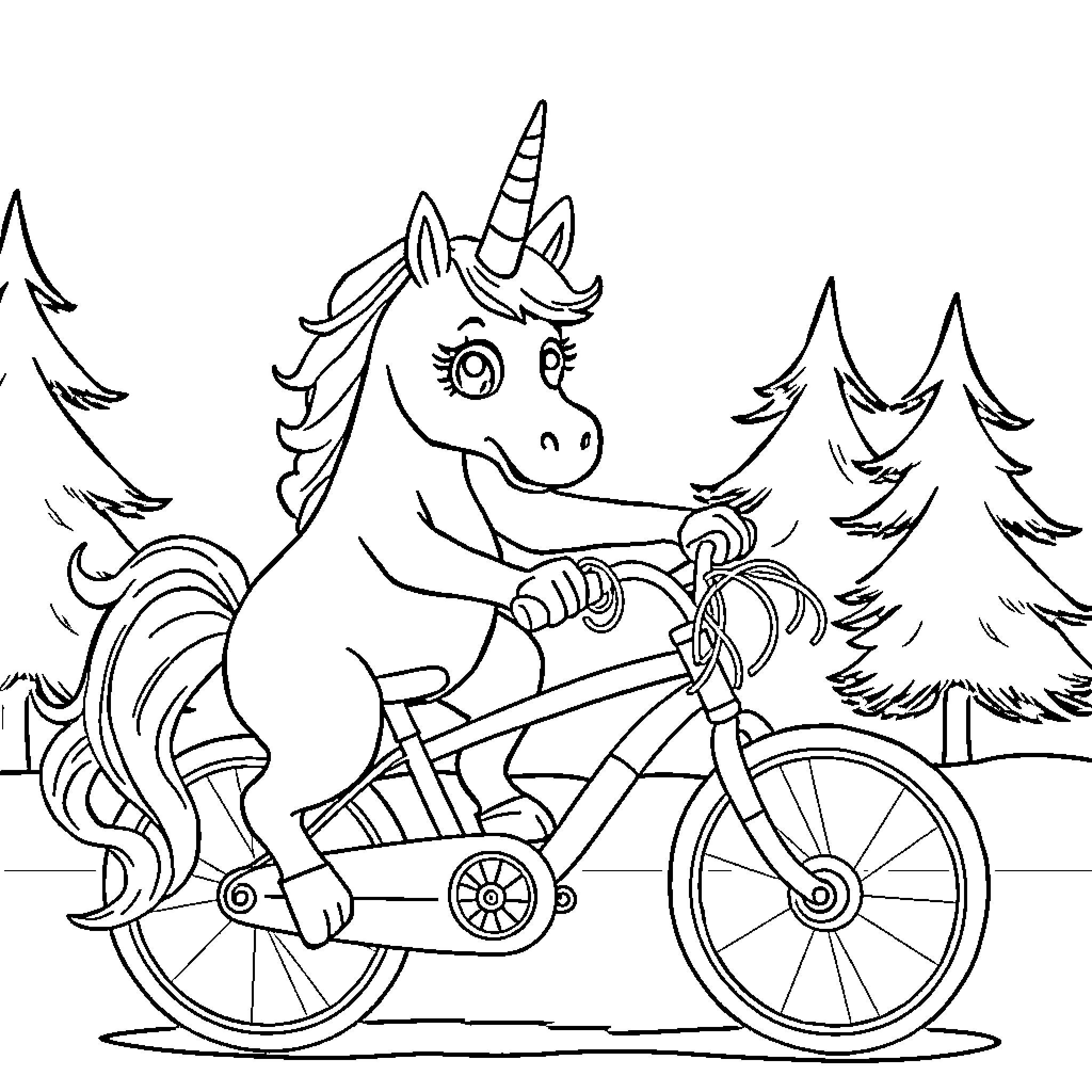 Unicorn riding a bicycle through the forest Coloring Page (free black-and-white line drawing printable PDF for all, from beginners to advanced learners, including children, teens, adults, and seniors)