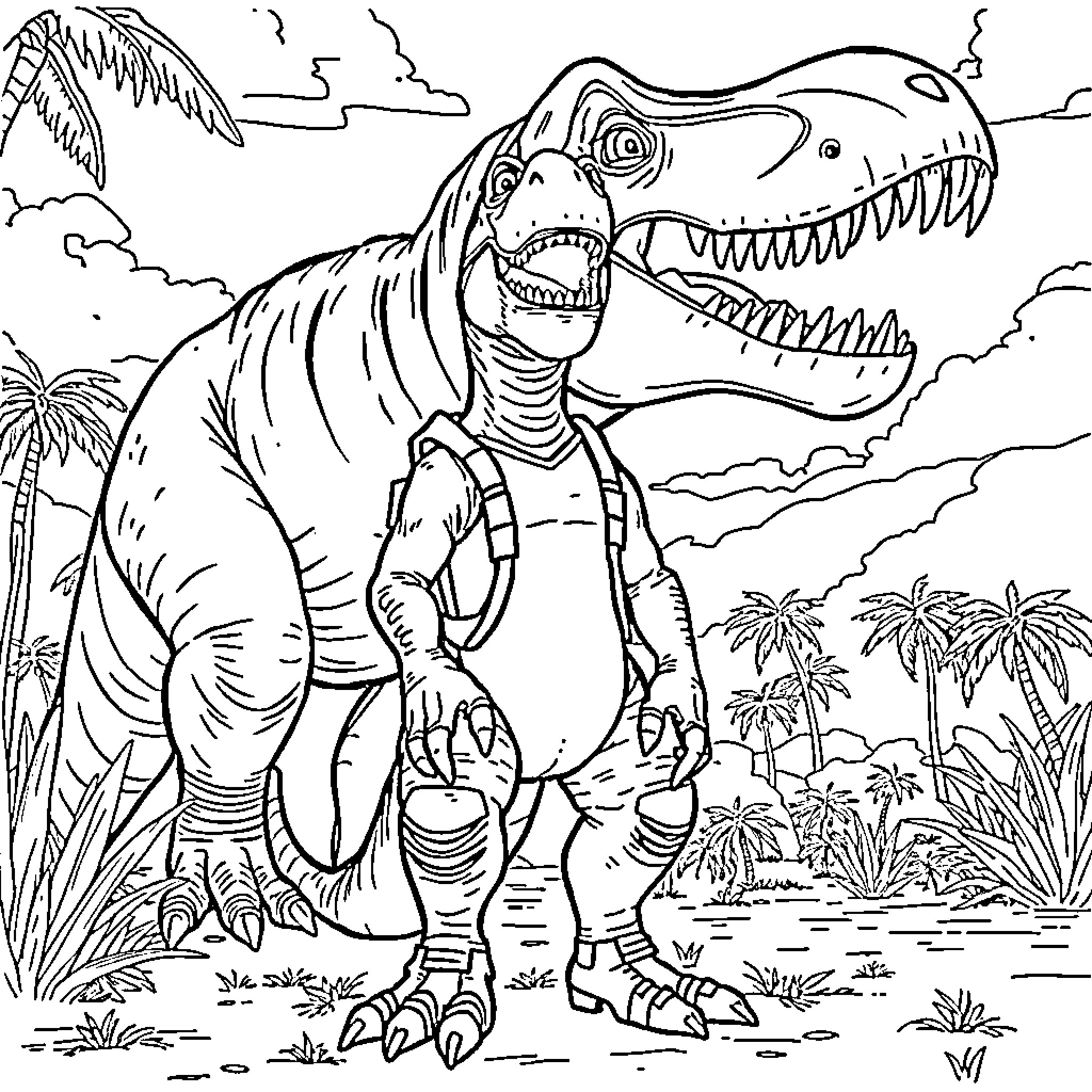 Drex the Fearsome Dinosaur Roams the Prehistoric Landscape Coloring Page (free black-and-white line drawing printable PDF for all, from beginners to advanced learners, including children, teens, adults, and seniors)
