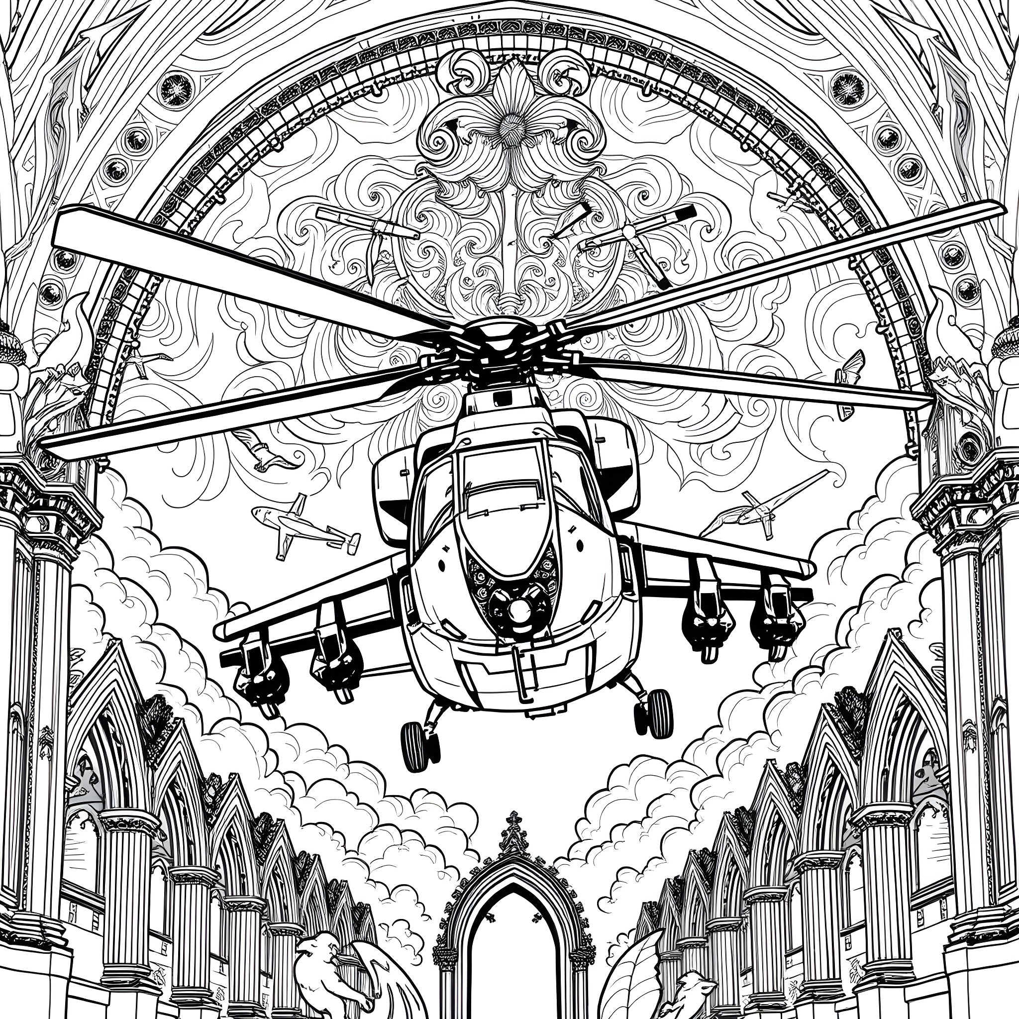 Ch-53 Helicopter soaring through a grand cathedral Coloring Page (free black-and-white line drawing printable PDF for all, from beginners to advanced learners, including children, teens, adults, and seniors)