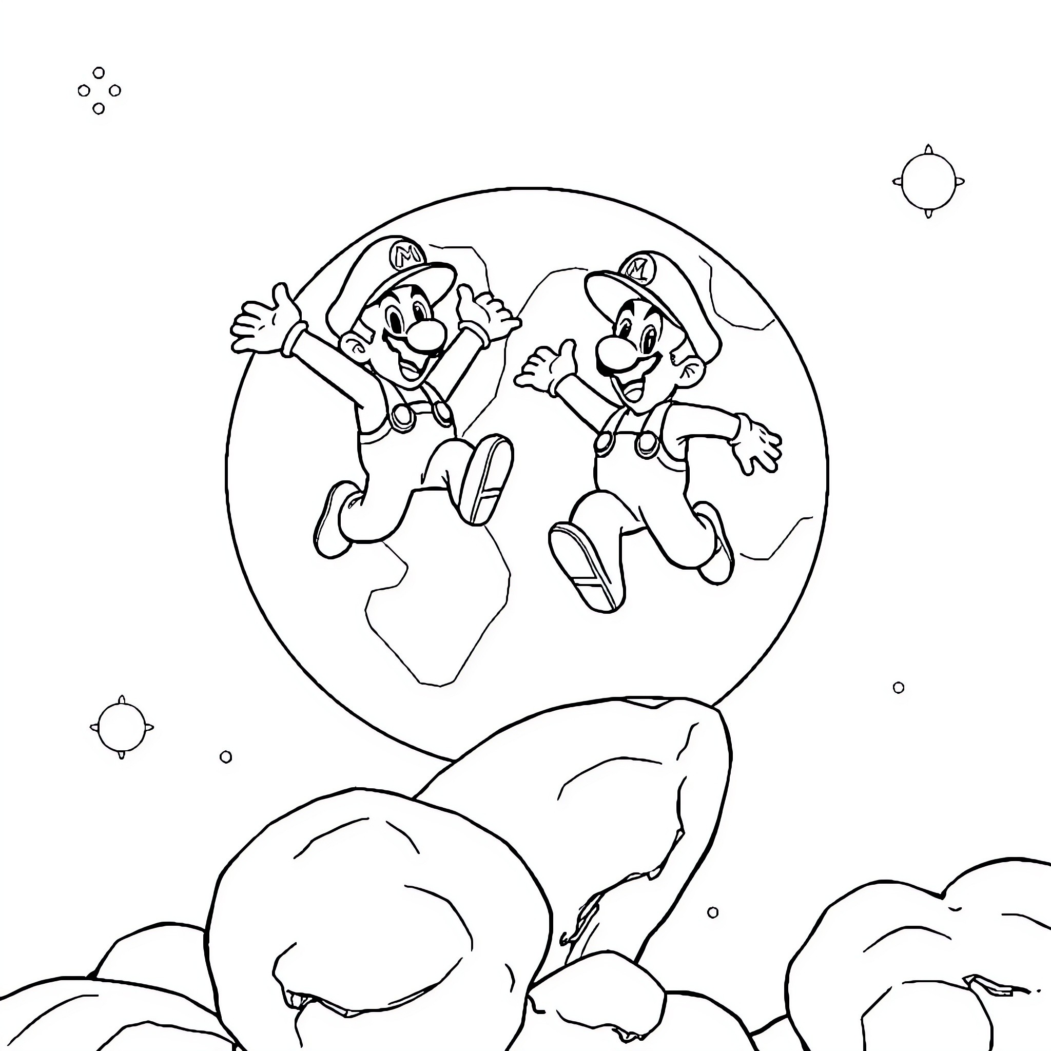 Mario and Luigi jumping happily in the sky Coloring Page (free black-and-white line drawing printable PDF for all, from beginners to advanced learners, including children, teens, adults, and seniors)