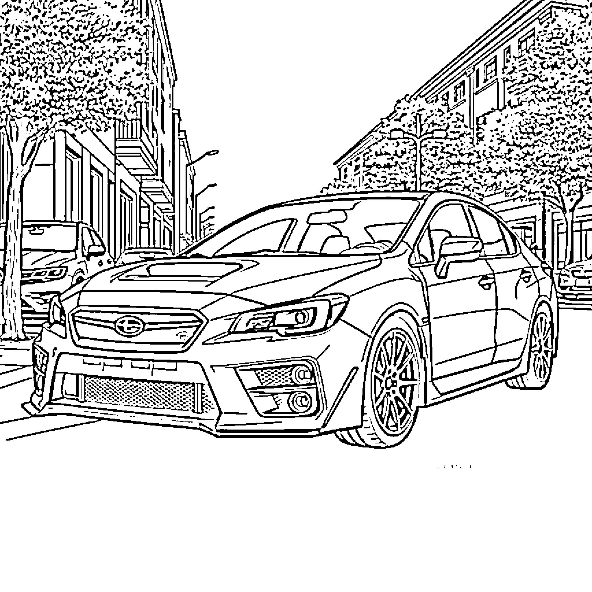 Subaru Parked in the City Street Coloring Page (free black-and-white line drawing printable PDF for all, from beginners to advanced learners, including children, teens, adults, and seniors)