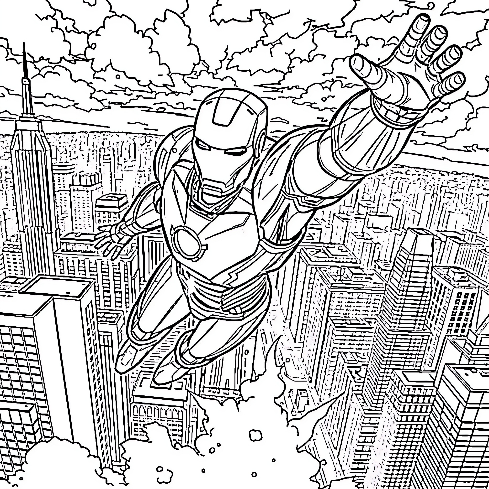Ironman soaring over the city skyline Coloring Page (free black-and-white line drawing printable PDF for all, from beginners to advanced learners, including children, teens, adults, and seniors)