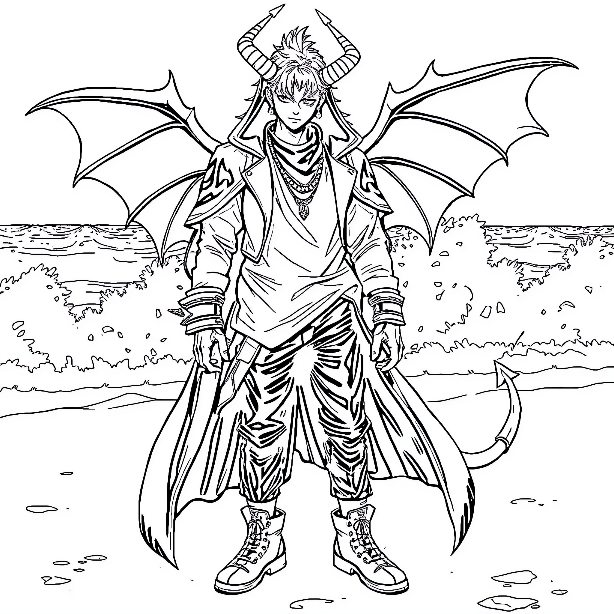 Demon Hunter in Fierce Battle Attire Coloring Page (free black-and-white line drawing printable PDF for all, from beginners to advanced learners, including children, teens, adults, and seniors)