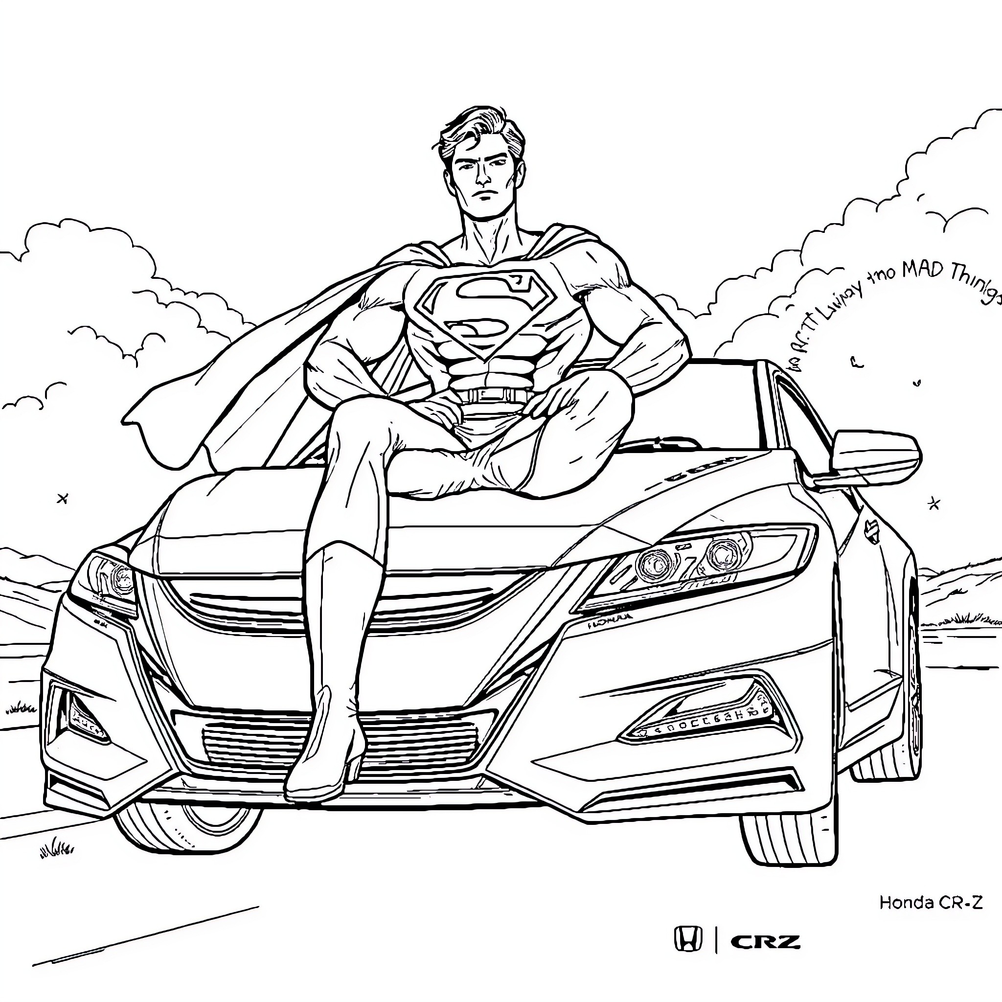 Superman sitting heroically on a futuristic vehicle Coloring Page (free black-and-white line drawing printable PDF for all, from beginners to advanced learners, including children, teens, adults, and seniors)