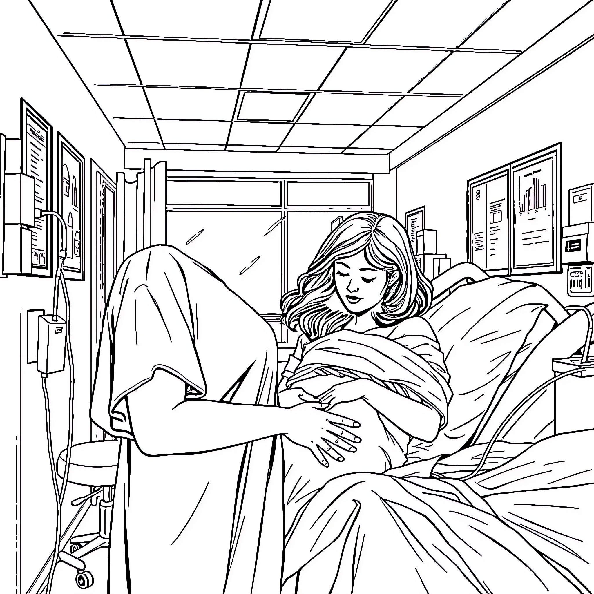 Childbirth moment in a hospital room Coloring Page (free black-and-white line drawing printable PDF for all, from beginners to advanced learners, including children, teens, adults, and seniors)