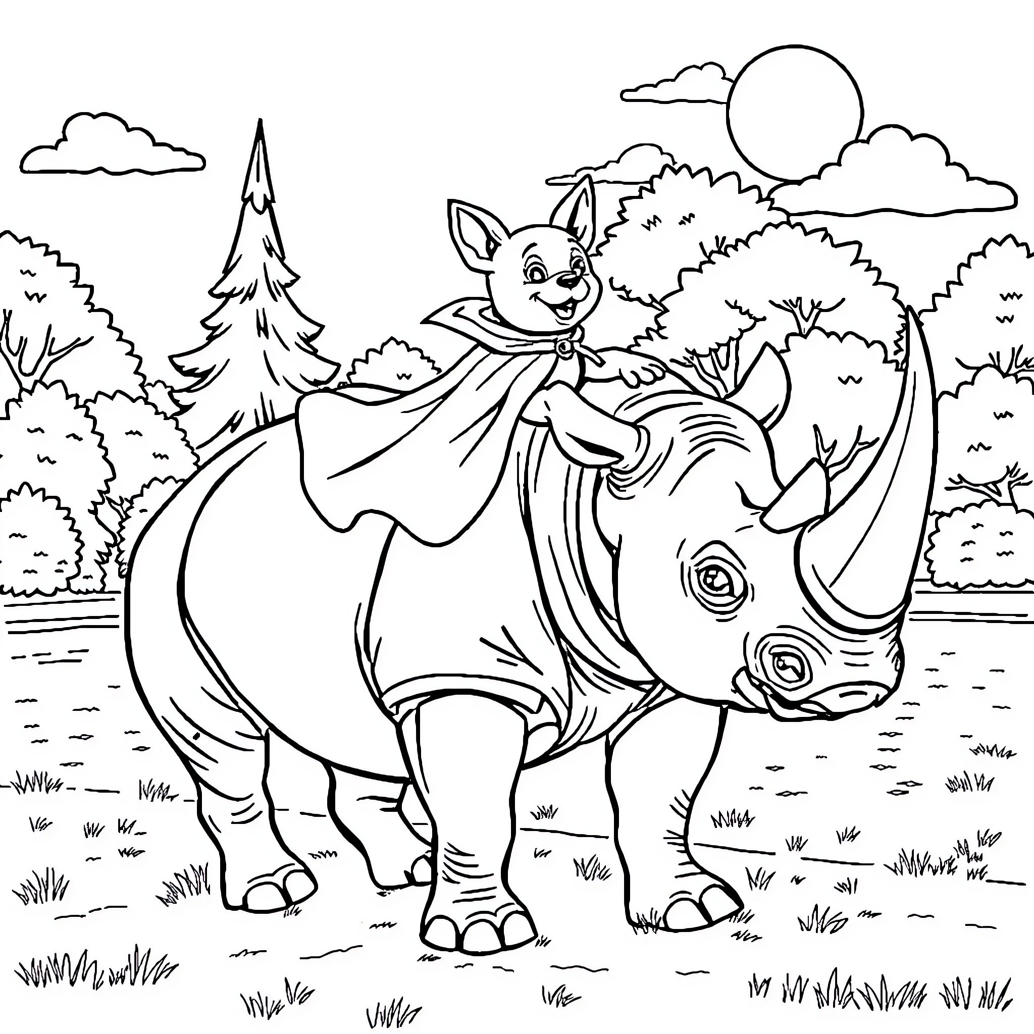 Dog riding on a rhino in the forest Coloring Page (free black-and-white line drawing printable PDF for all, from beginners to advanced learners, including children, teens, adults, and seniors)