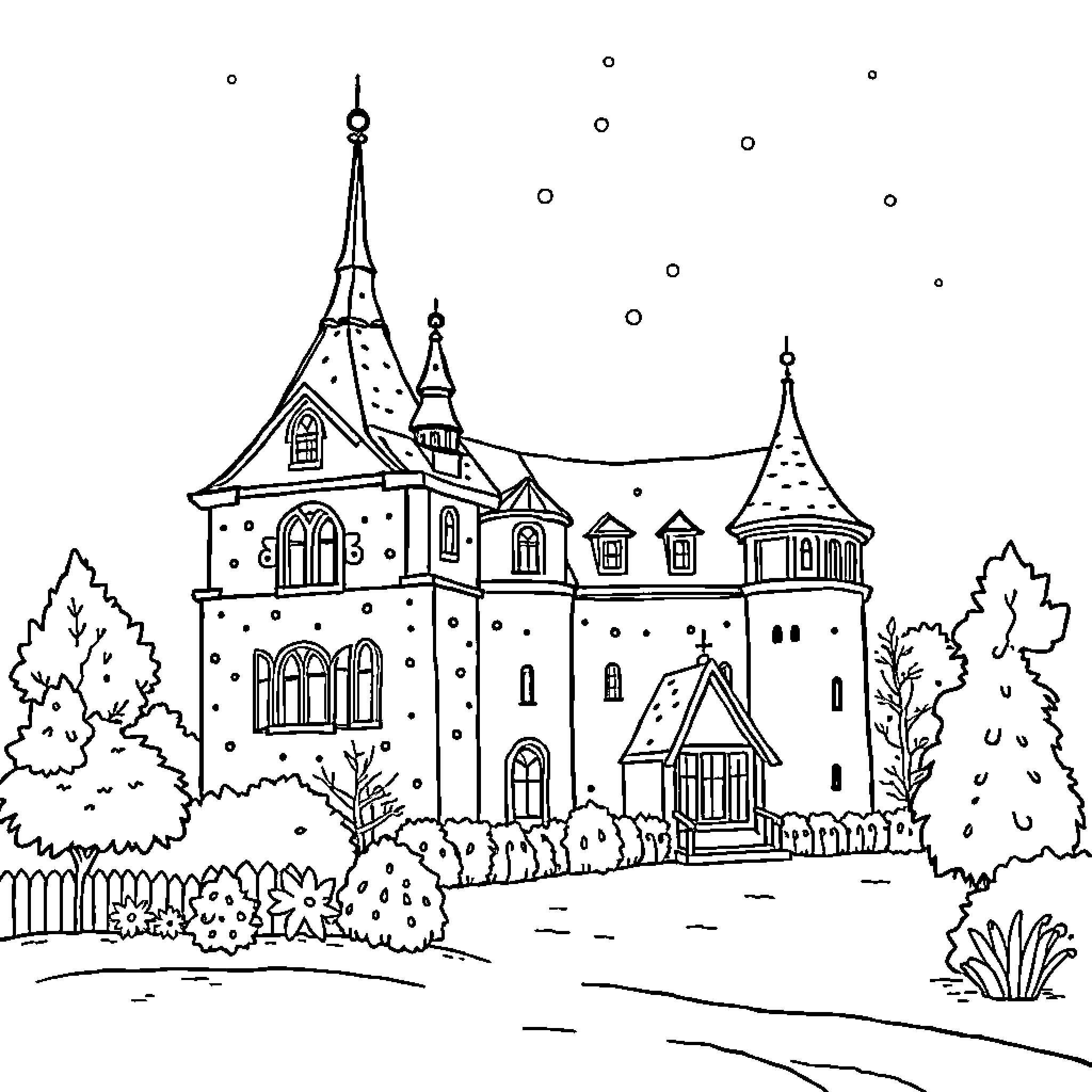 Statek medieval castle surrounded by nature Coloring Page (free black-and-white line drawing printable PDF for all, from beginners to advanced learners, including children, teens, adults, and seniors)