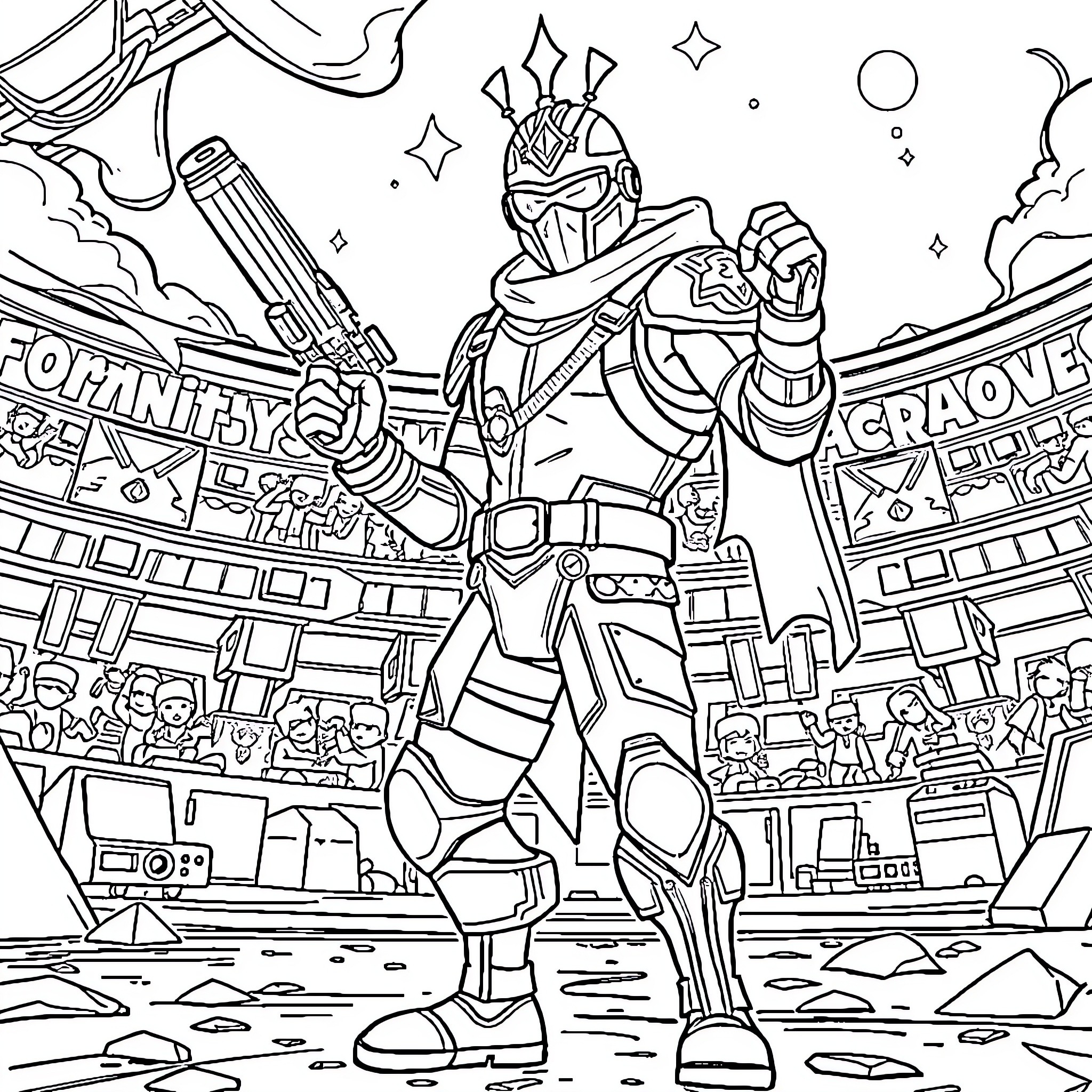 Midas, the Galactic Gladiator, Triumphs in the Arena Coloring Page (free black-and-white line drawing printable PDF for all, from beginners to advanced learners, including children, teens, adults, and seniors)