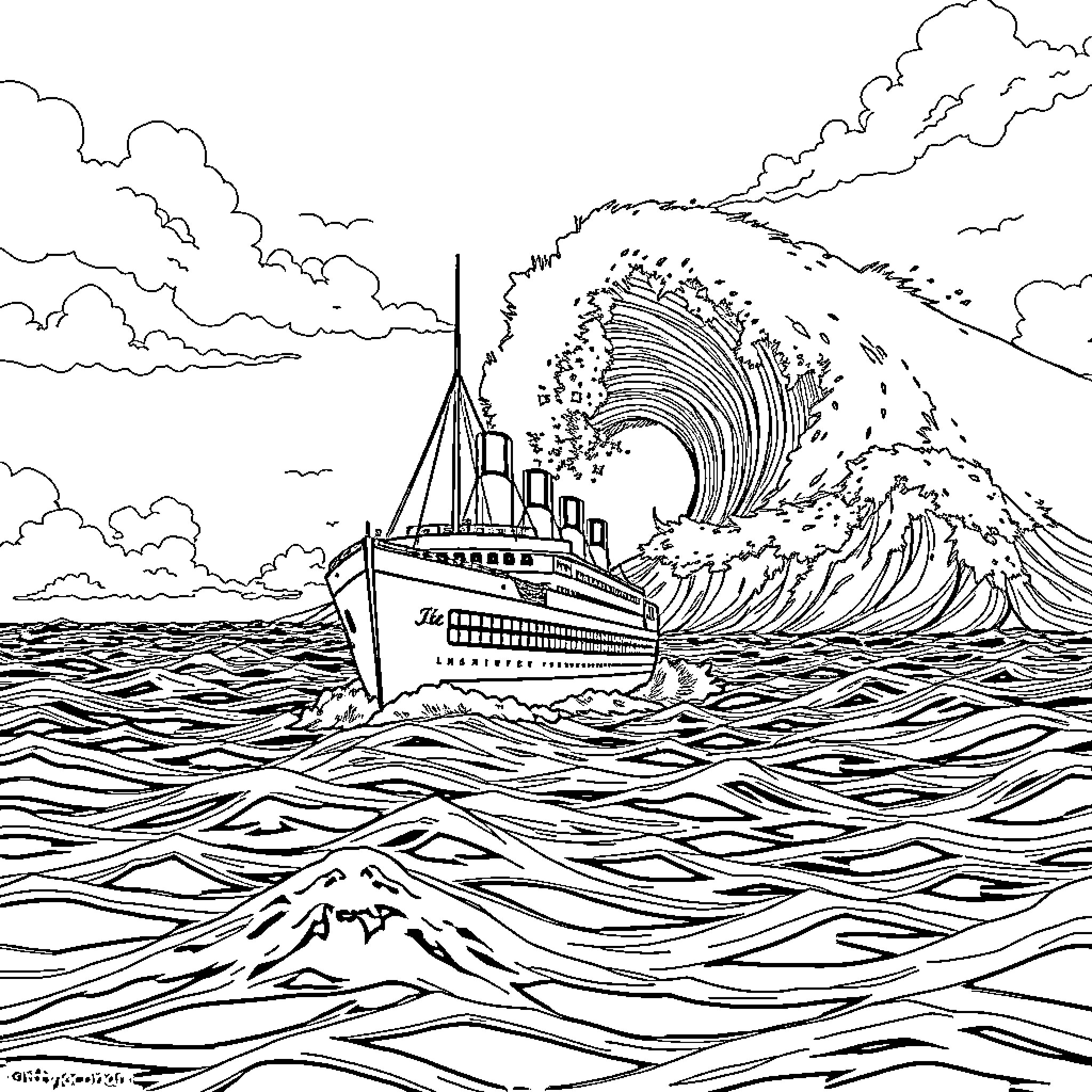 Titanic facing a massive ocean wave Coloring Page (free black-and-white line drawing printable PDF for all, from beginners to advanced learners, including children, teens, adults, and seniors)