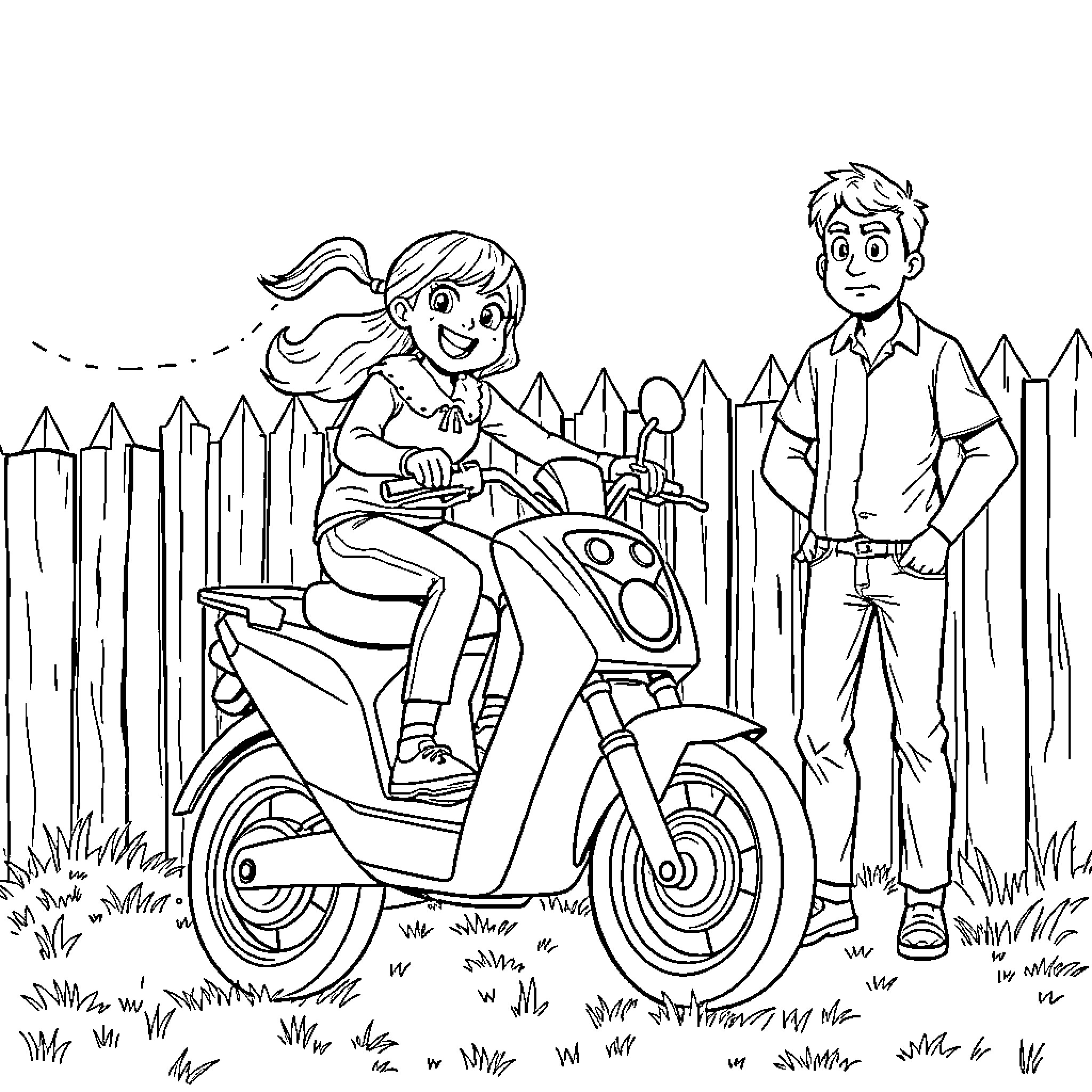 Girl riding scooter with friend on fence Coloring Page (free black-and-white line drawing printable PDF for all, from beginners to advanced learners, including children, teens, adults, and seniors)