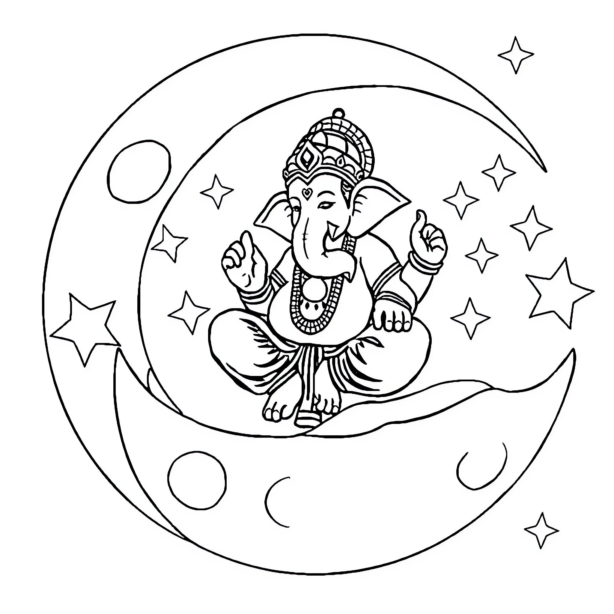 Ganpati worshipping under the starry night Coloring Page (free black-and-white line drawing printable PDF for all, from beginners to advanced learners, including children, teens, adults, and seniors)