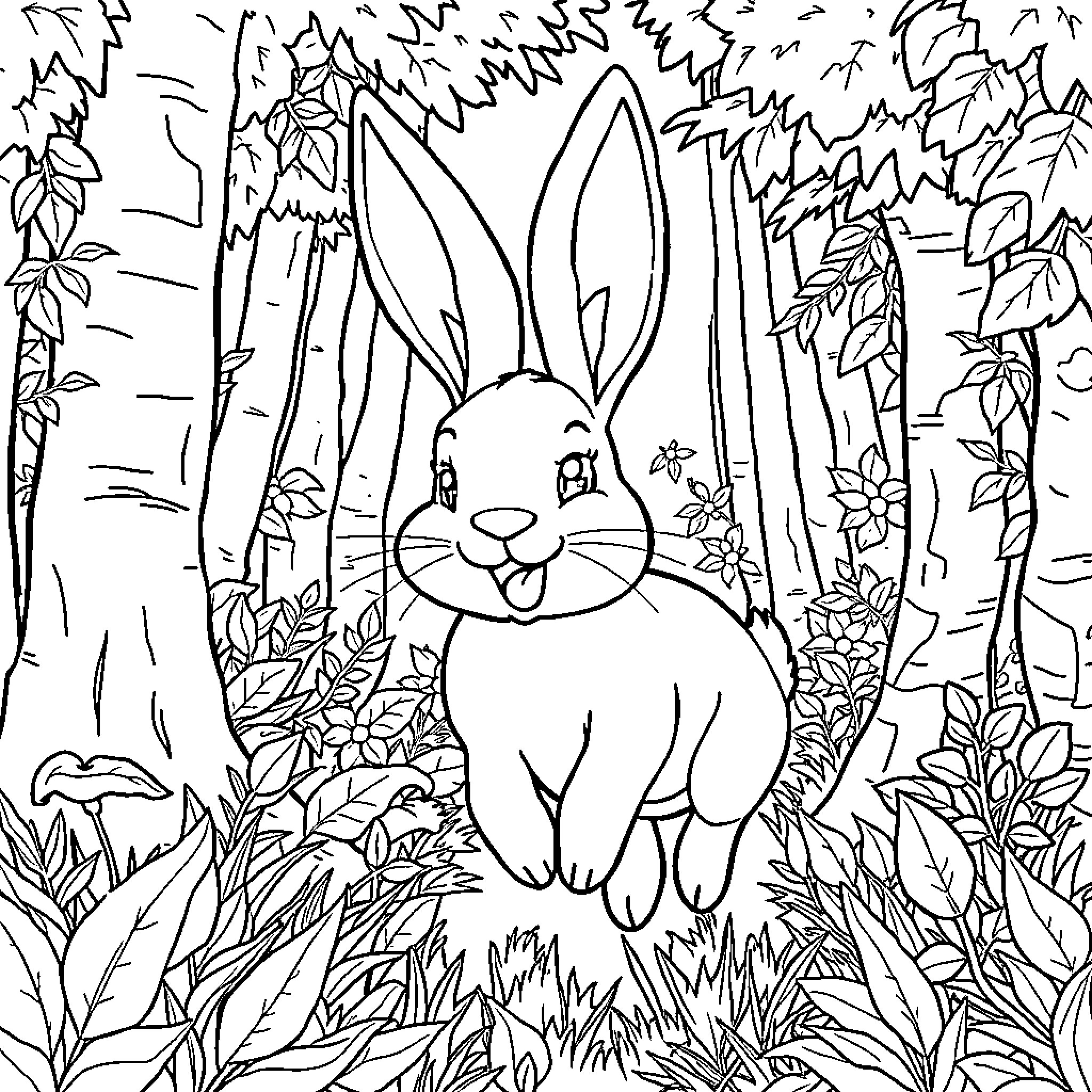 Rabbit hiding in the forest Coloring Page (free black-and-white line drawing printable PDF for all, from beginners to advanced learners, including children, teens, adults, and seniors)