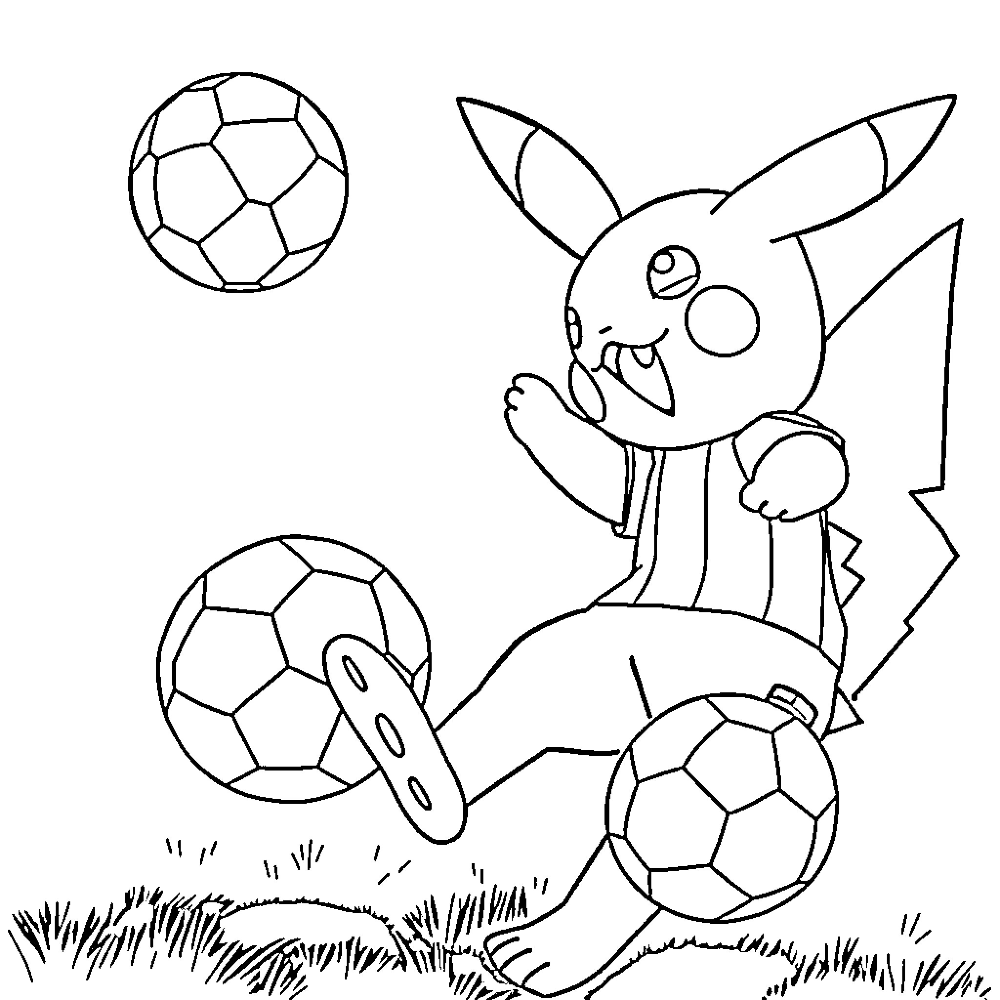Pokémon Playing With Soccer Balls Coloring Page (free black-and-white line drawing printable PDF for all, from beginners to advanced learners, including children, teens, adults, and seniors)