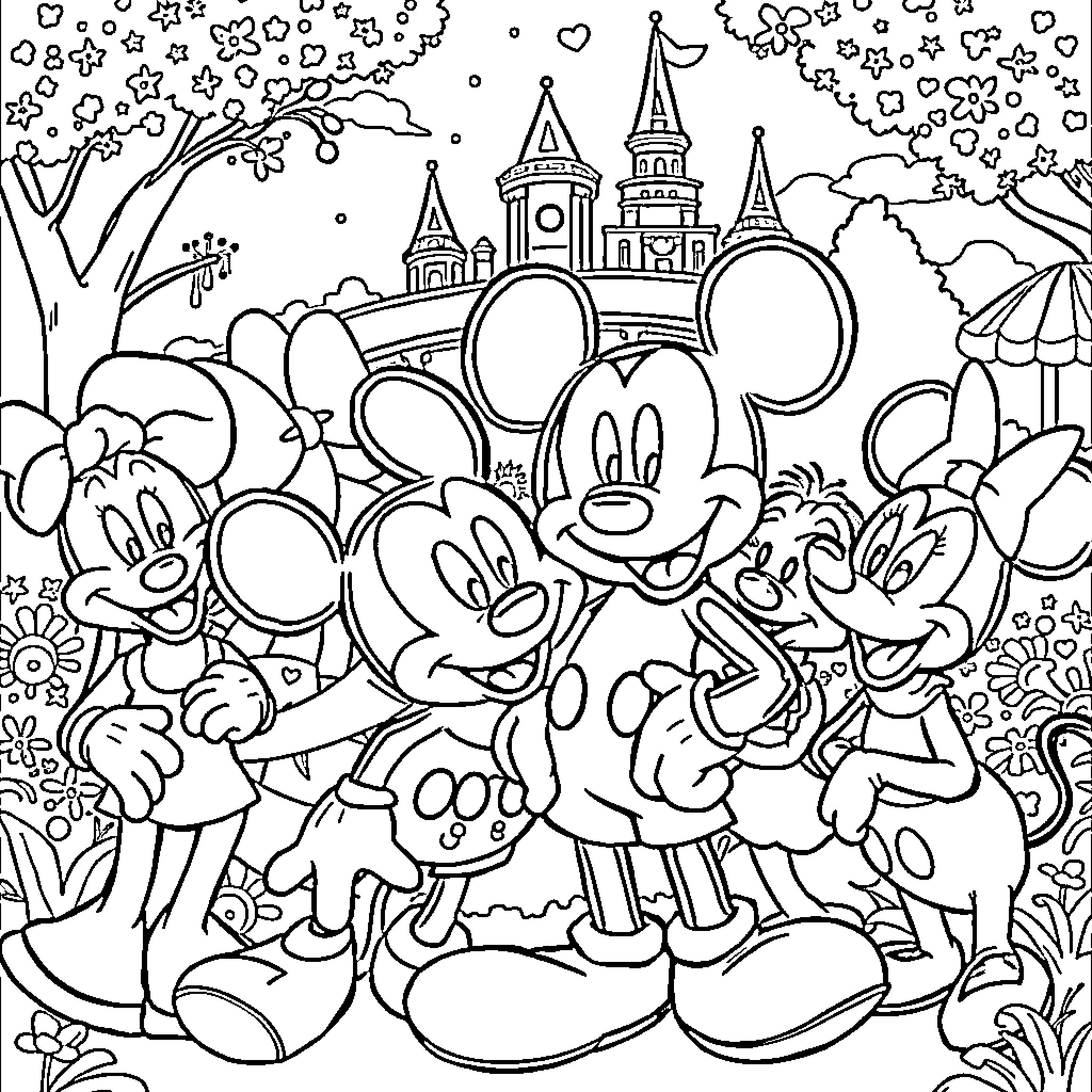 Mickey Mouse and friends in a whimsical Disney scene Coloring Page (free black-and-white line drawing printable PDF for all, from beginners to advanced learners, including children, teens, adults, and seniors)