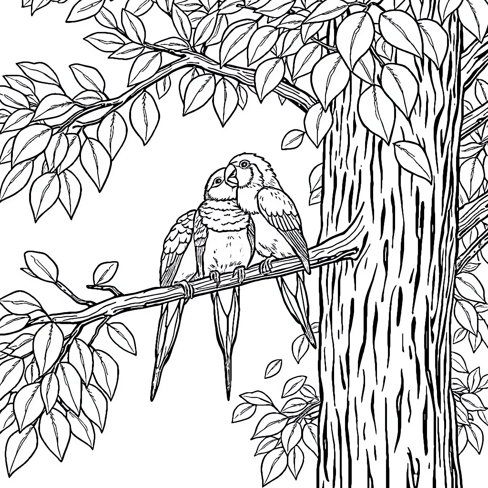 Love Birds Perched on Tree Branch Coloring Page (free black-and-white line drawing printable PDF for all, from beginners to advanced learners, including children, teens, adults, and seniors)