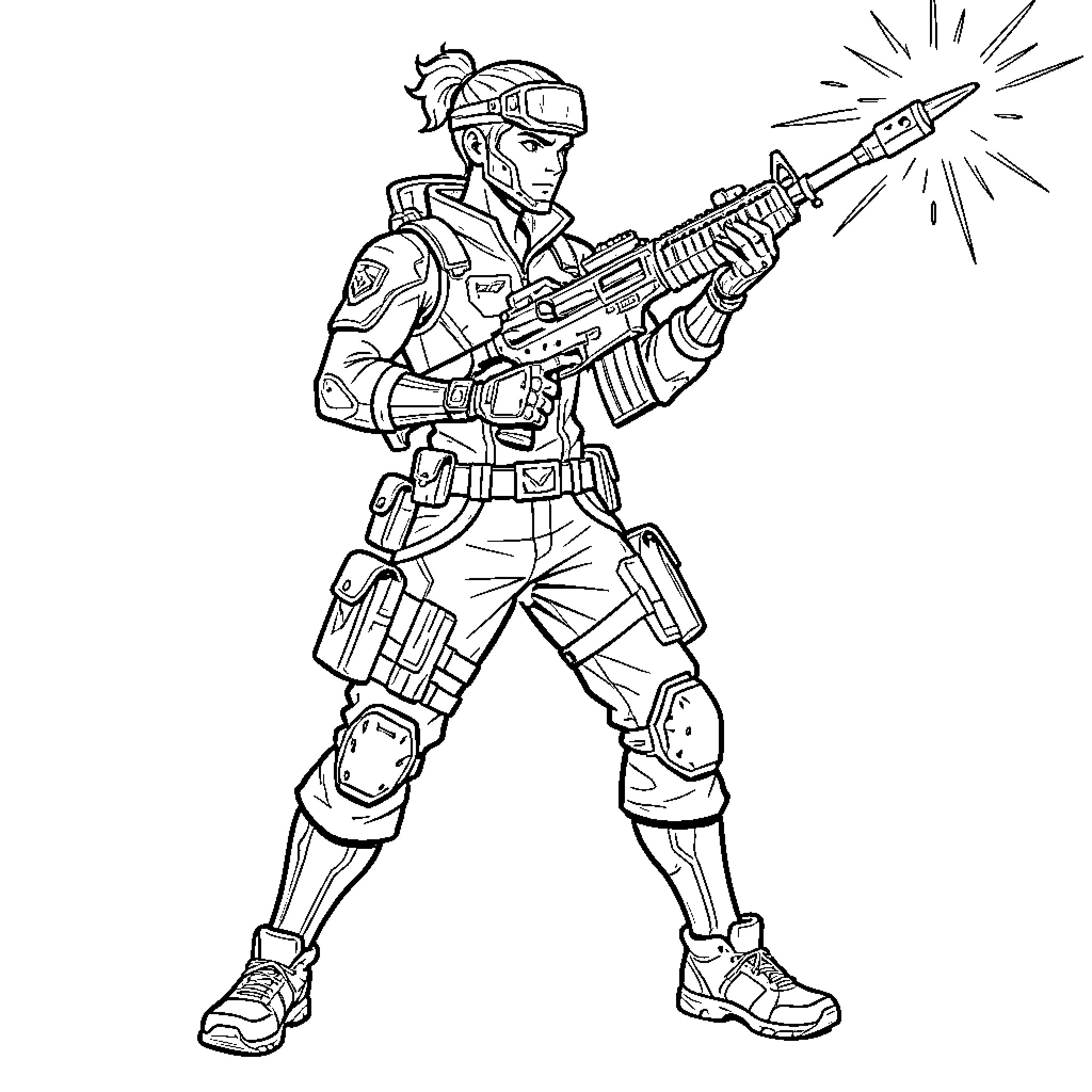 Valorant Agent aiming a rifle in combat stance Coloring Page (free black-and-white line drawing printable PDF for all, from beginners to advanced learners, including children, teens, adults, and seniors)