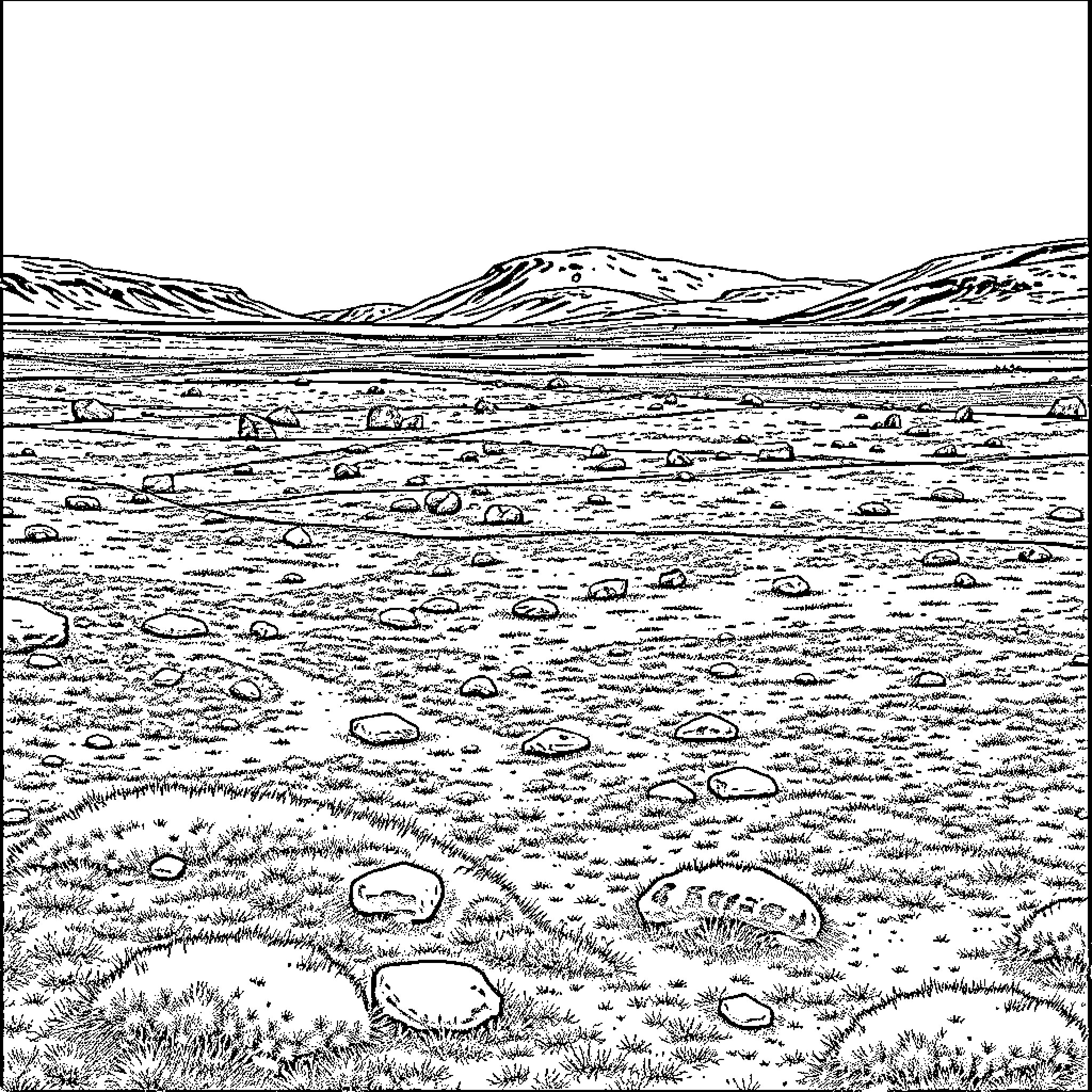 Tundra landscape with rocky terrain and distant mountains Coloring Page (free black-and-white line drawing printable PDF for all, from beginners to advanced learners, including children, teens, adults, and seniors)