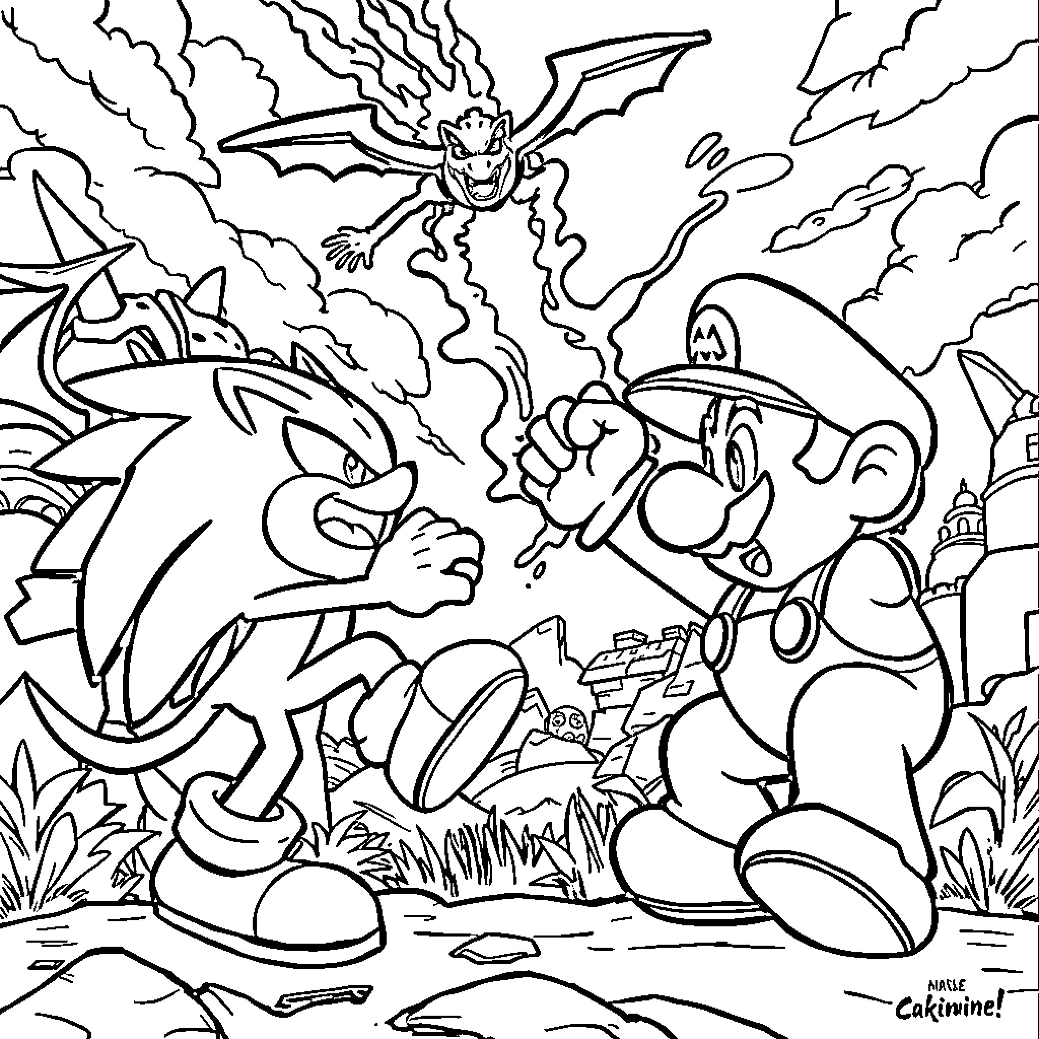 Mario battling ferocious dragon in chaotic scene Coloring Page (free black-and-white line drawing printable PDF for all, from beginners to advanced learners, including children, teens, adults, and seniors)