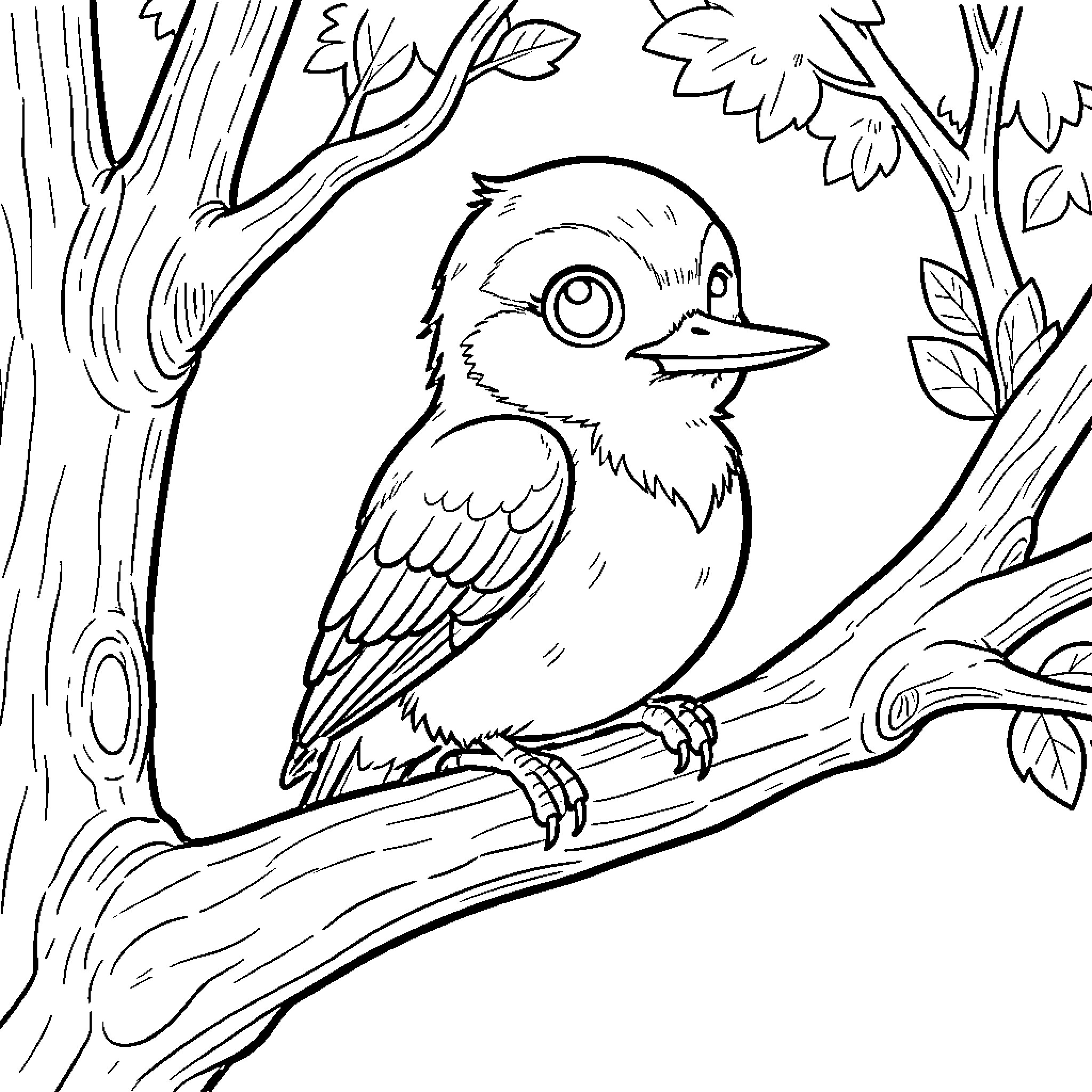 Woodpecker perched on a branch in the forest Coloring Page (free black-and-white line drawing printable PDF for all, from beginners to advanced learners, including children, teens, adults, and seniors)