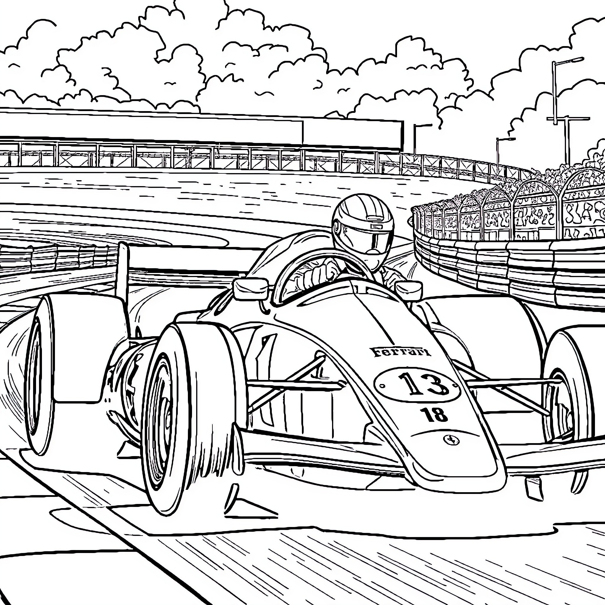 Charles Leclerc racing in a Formula 1 car on the track Coloring Page (free black-and-white line drawing printable PDF for all, from beginners to advanced learners, including children, teens, adults, and seniors)