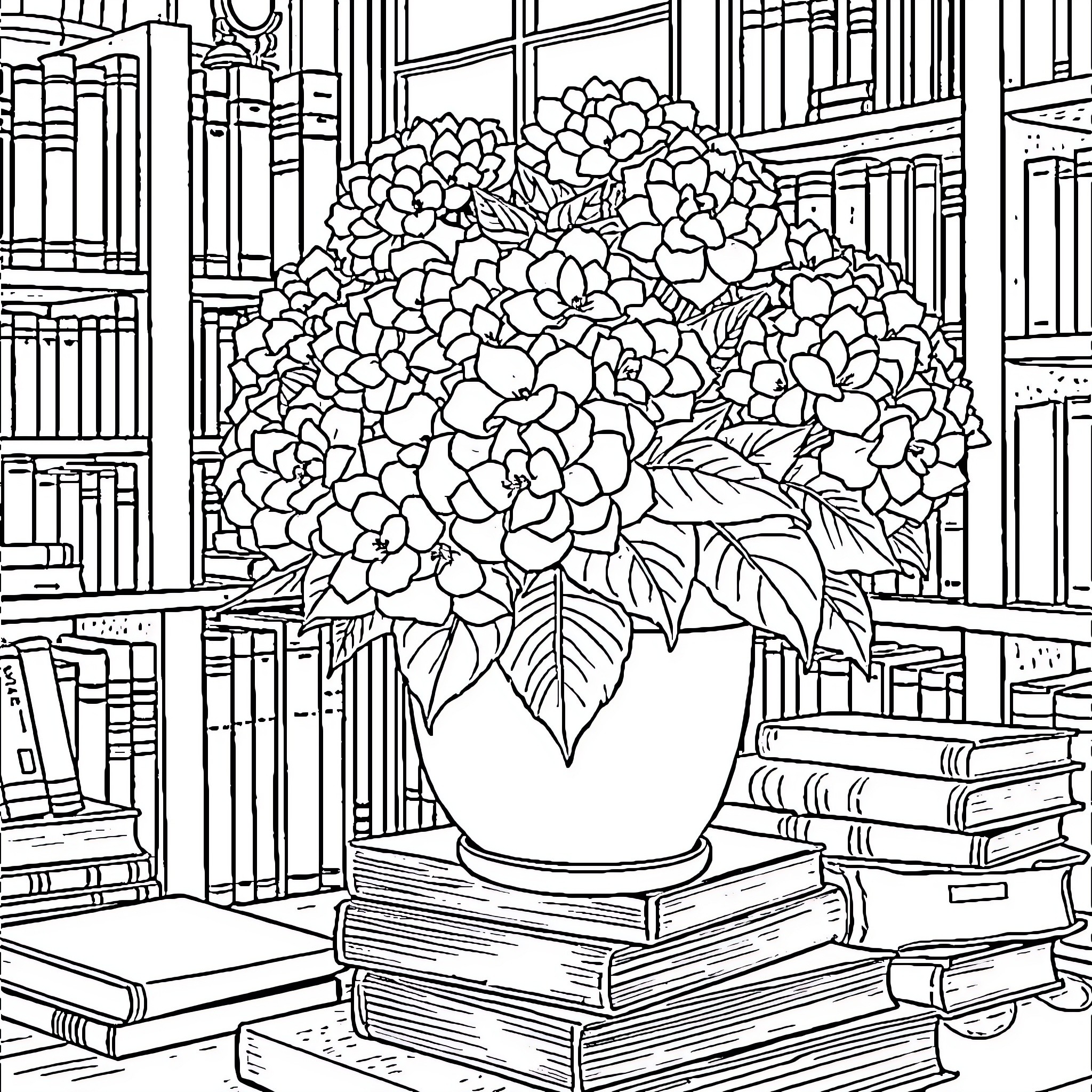 Flower Pot Amidst Books and Bookshelves Coloring Page (free black-and-white line drawing printable PDF for all, from beginners to advanced learners, including children, teens, adults, and seniors)