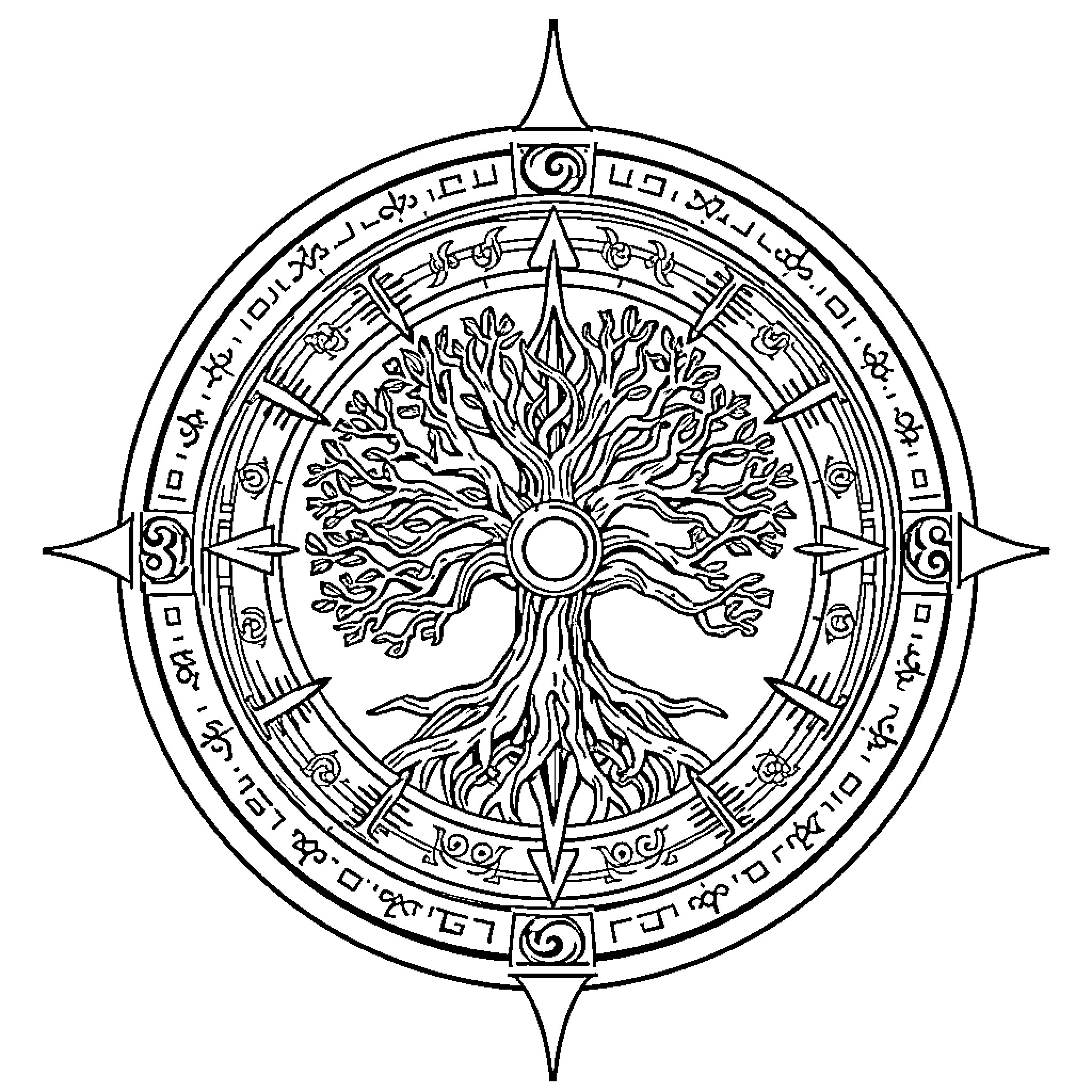 Norse Compass with Tree of Life Symbolism Coloring Page (free black-and-white line drawing printable PDF for all, from beginners to advanced learners, including children, teens, adults, and seniors)