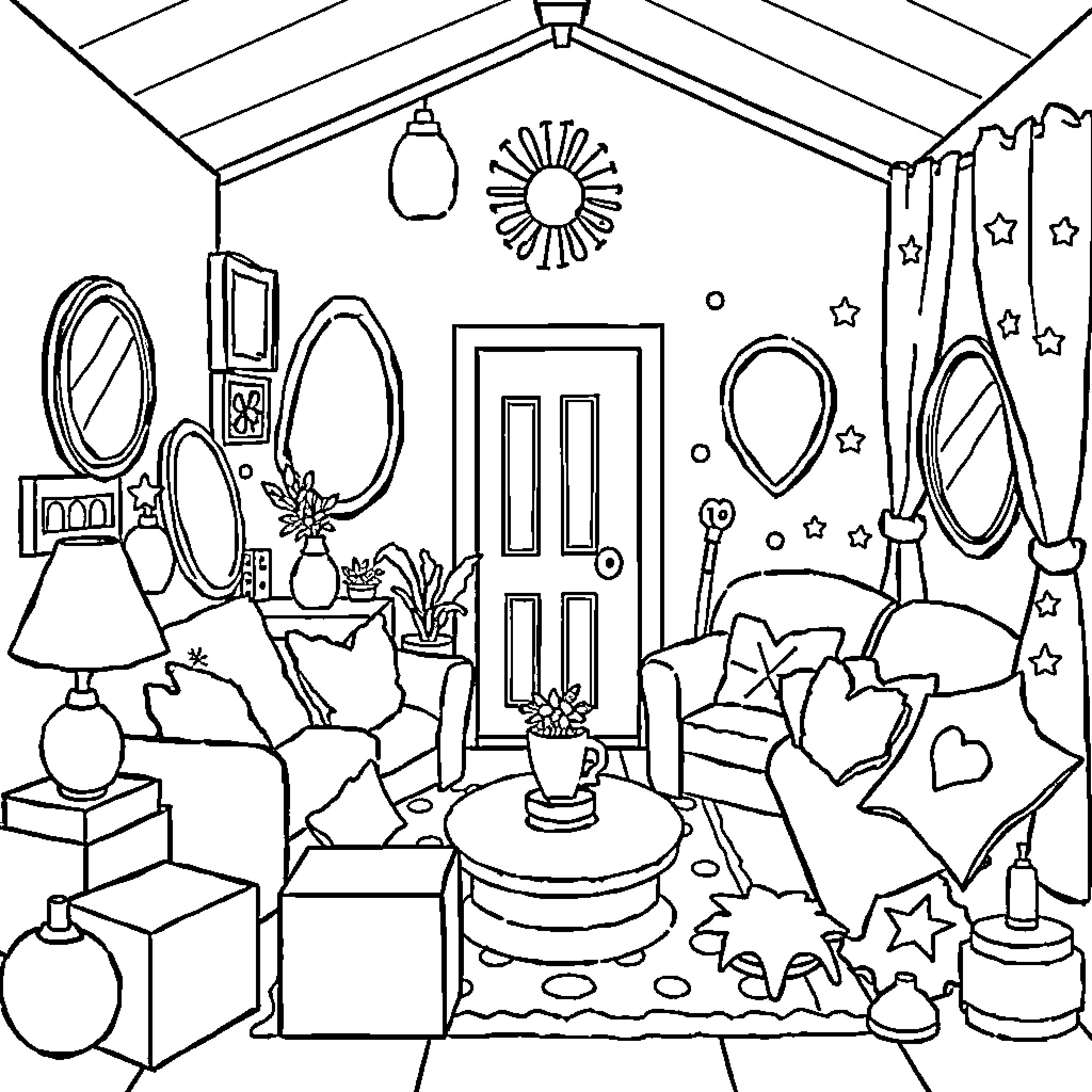 Shape of a cozy home interior Coloring Page (free black-and-white line drawing printable PDF for all, from beginners to advanced learners, including children, teens, adults, and seniors)