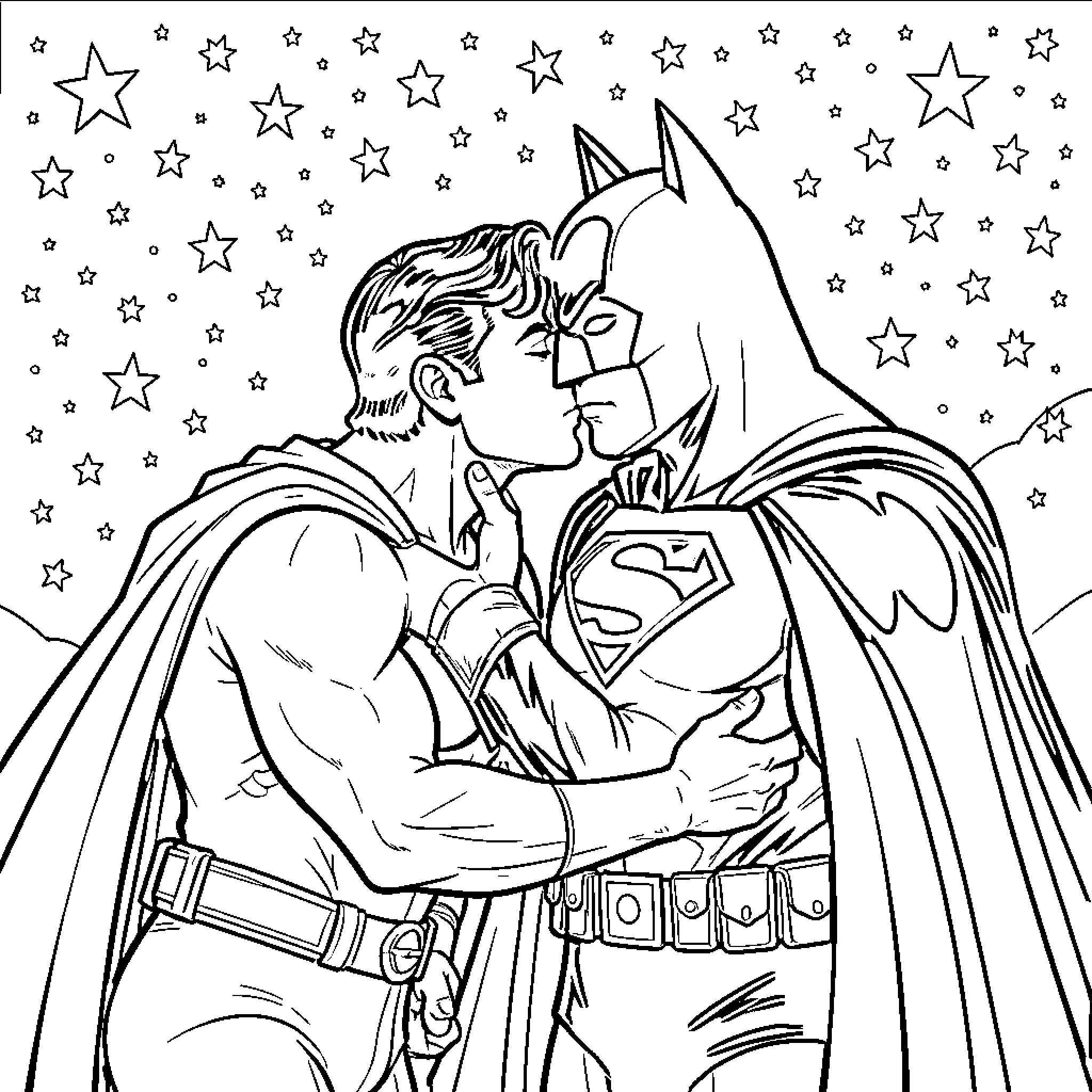 Superman embracing Batman under the starry night Coloring Page (free black-and-white line drawing printable PDF for all, from beginners to advanced learners, including children, teens, adults, and seniors)