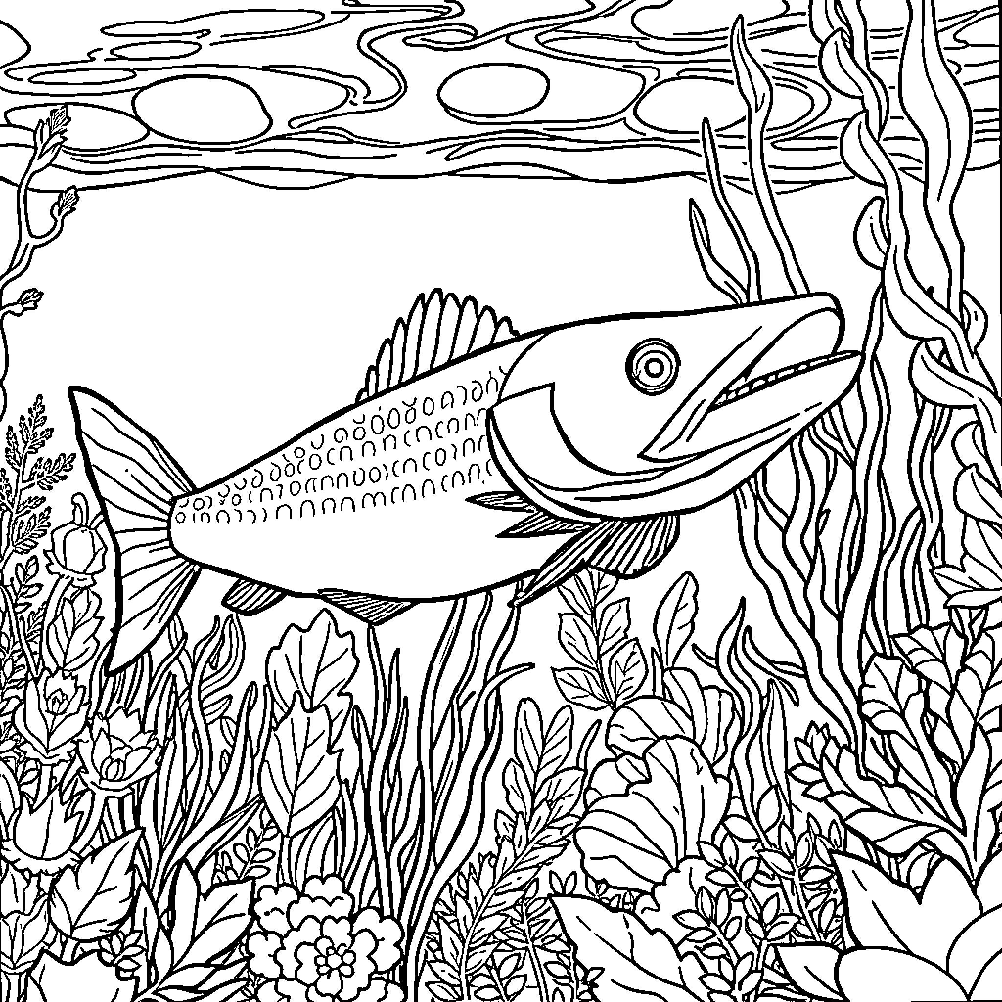 Pike Swimming Amidst Vibrant Underwater Foliage Coloring Page (free black-and-white line drawing printable PDF for all, from beginners to advanced learners, including children, teens, adults, and seniors)