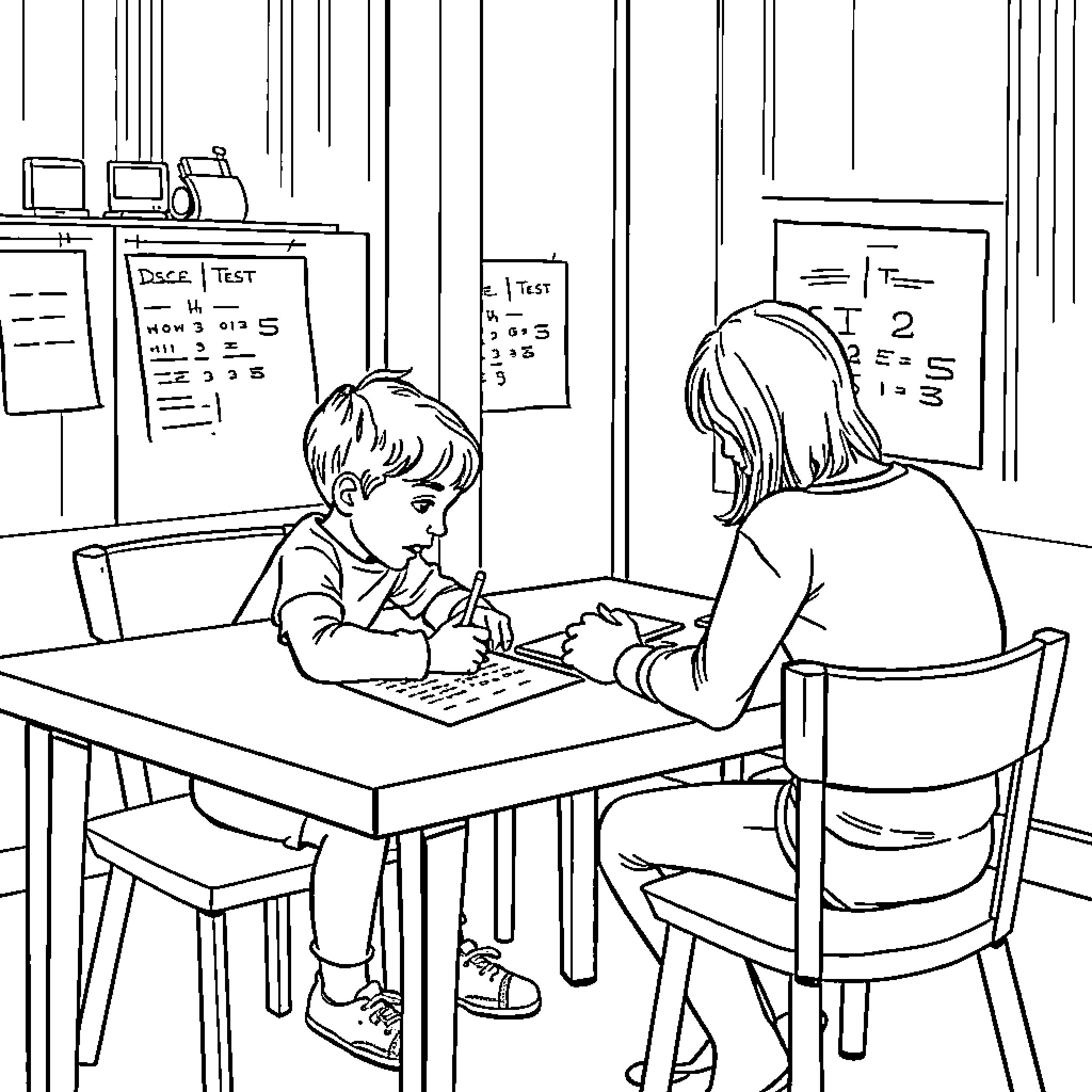 Kid studying diligently with teacher in classroom Coloring Page (free black-and-white line drawing printable PDF for all, from beginners to advanced learners, including children, teens, adults, and seniors)