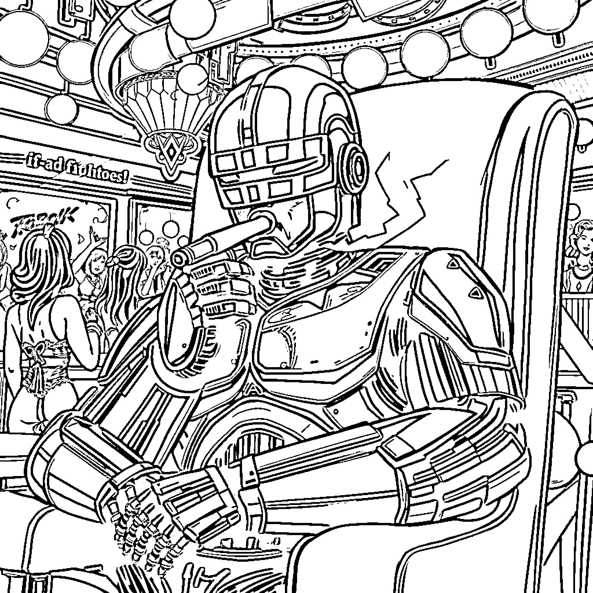 Robocop in Futuristic Cityscape Coloring Page (free black-and-white line drawing printable PDF for all, from beginners to advanced learners, including children, teens, adults, and seniors)