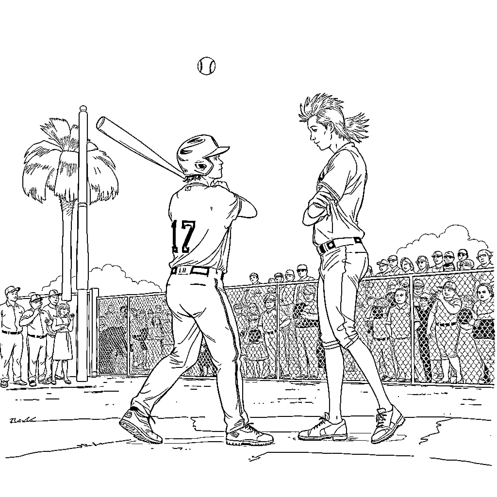 Shohei Ohtani batting on the baseball field Coloring Page (free black-and-white line drawing printable PDF for all, from beginners to advanced learners, including children, teens, adults, and seniors)