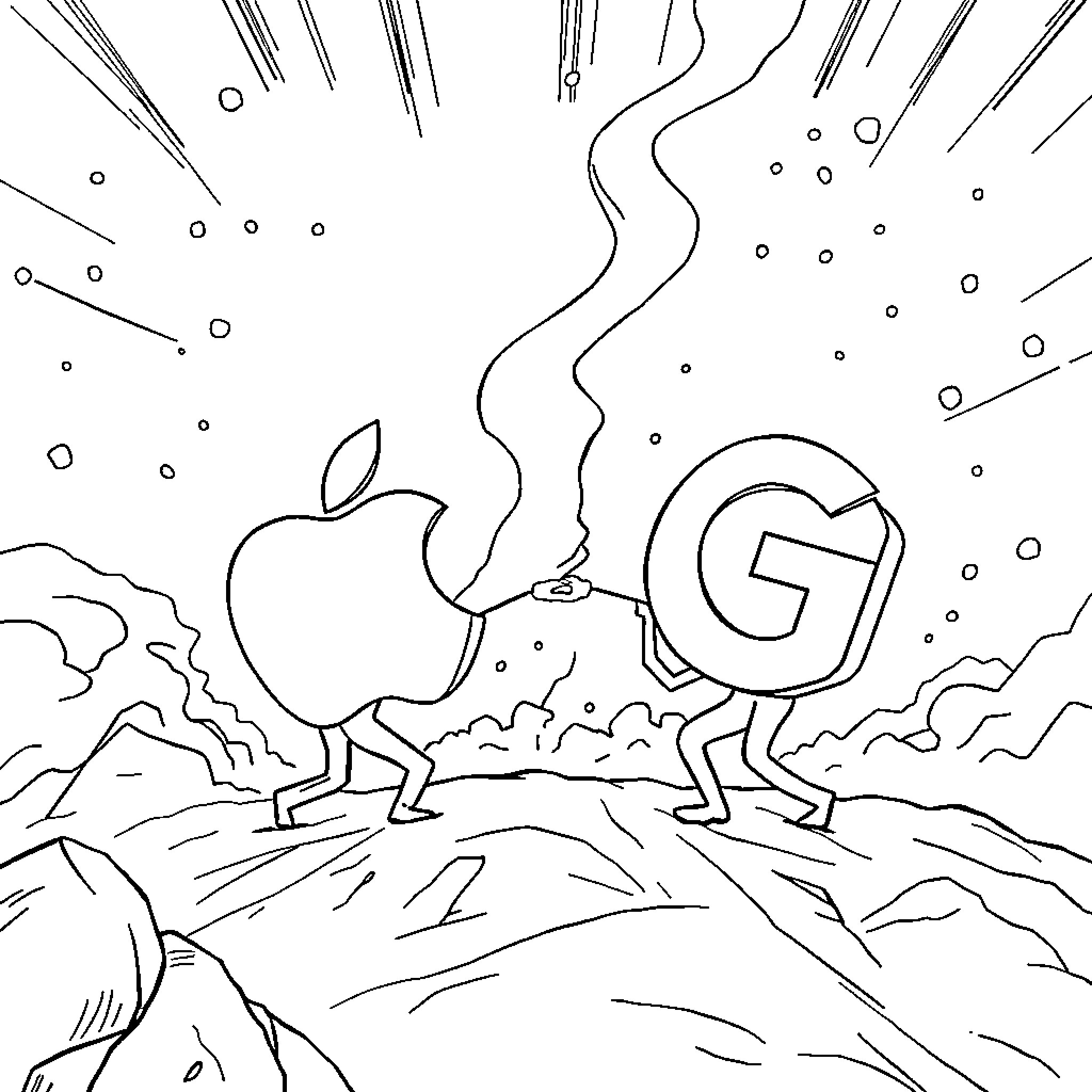 Apple and G characters in a surreal landscape Coloring Page (free black-and-white line drawing printable PDF for all, from beginners to advanced learners, including children, teens, adults, and seniors)