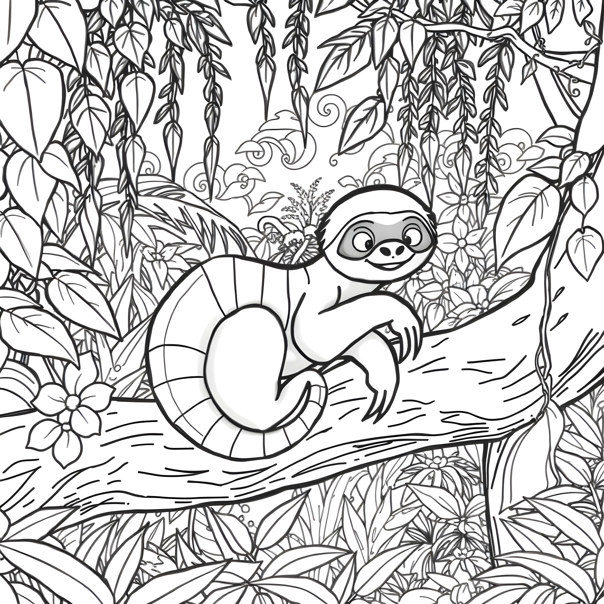 Wiggler sloth resting in lush jungle foliage Coloring Page (free black-and-white line drawing printable PDF for all, from beginners to advanced learners, including children, teens, adults, and seniors)