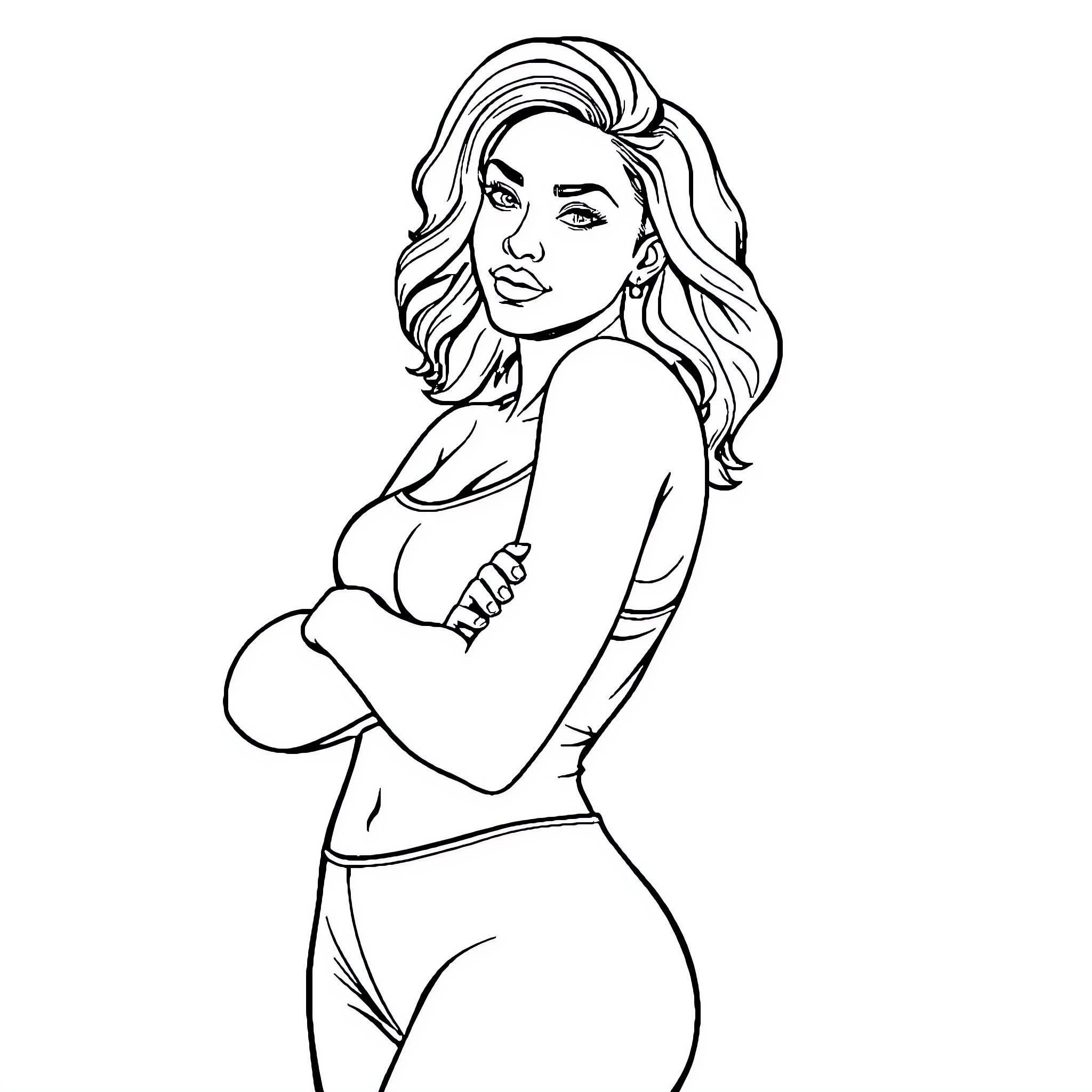 Mom's Confident Pose in Casual Outfit Coloring Page (free black-and-white line drawing printable PDF for all, from beginners to advanced learners, including children, teens, adults, and seniors)